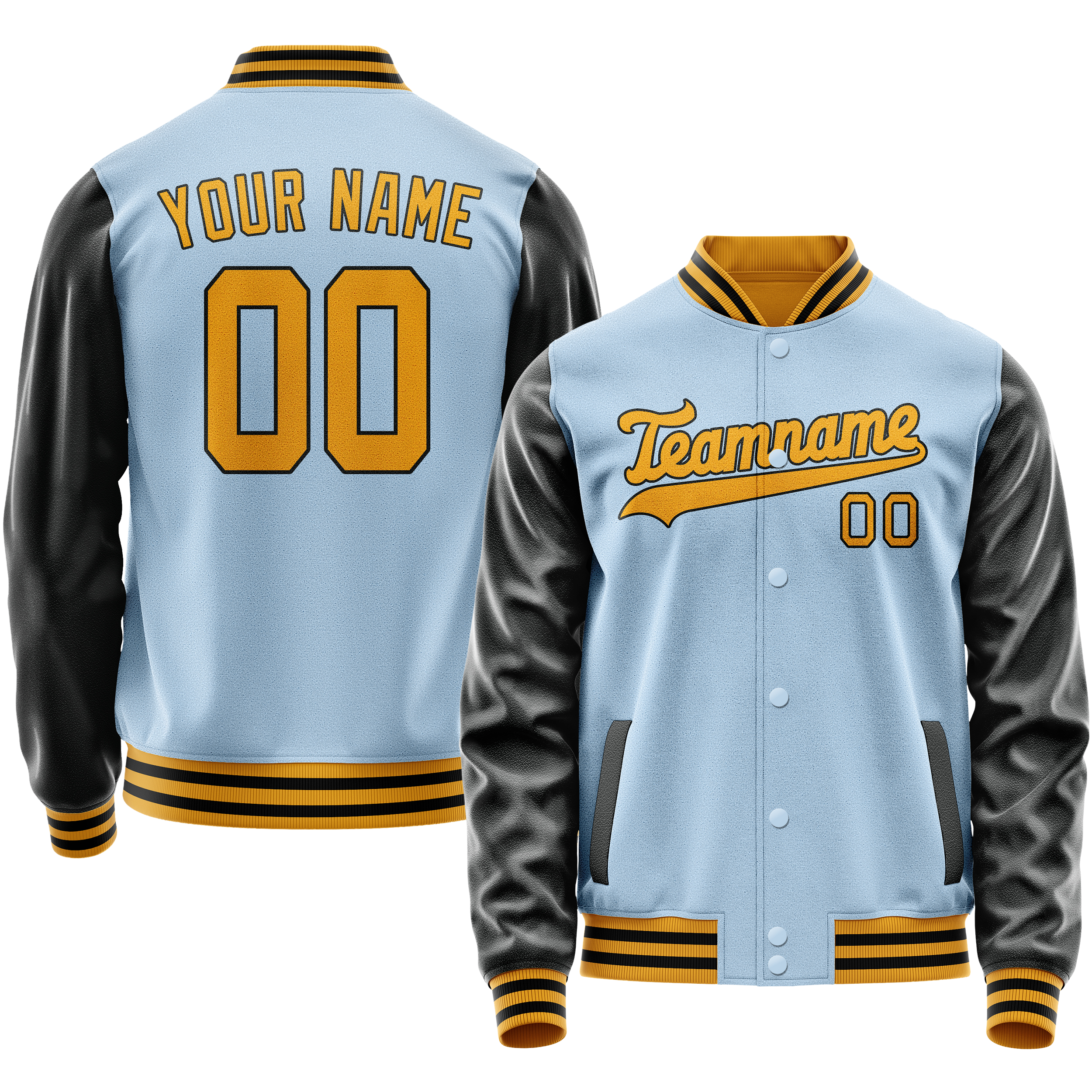 Personalized Light-Blue & Black Solid Color Varsity Letterman Jacket