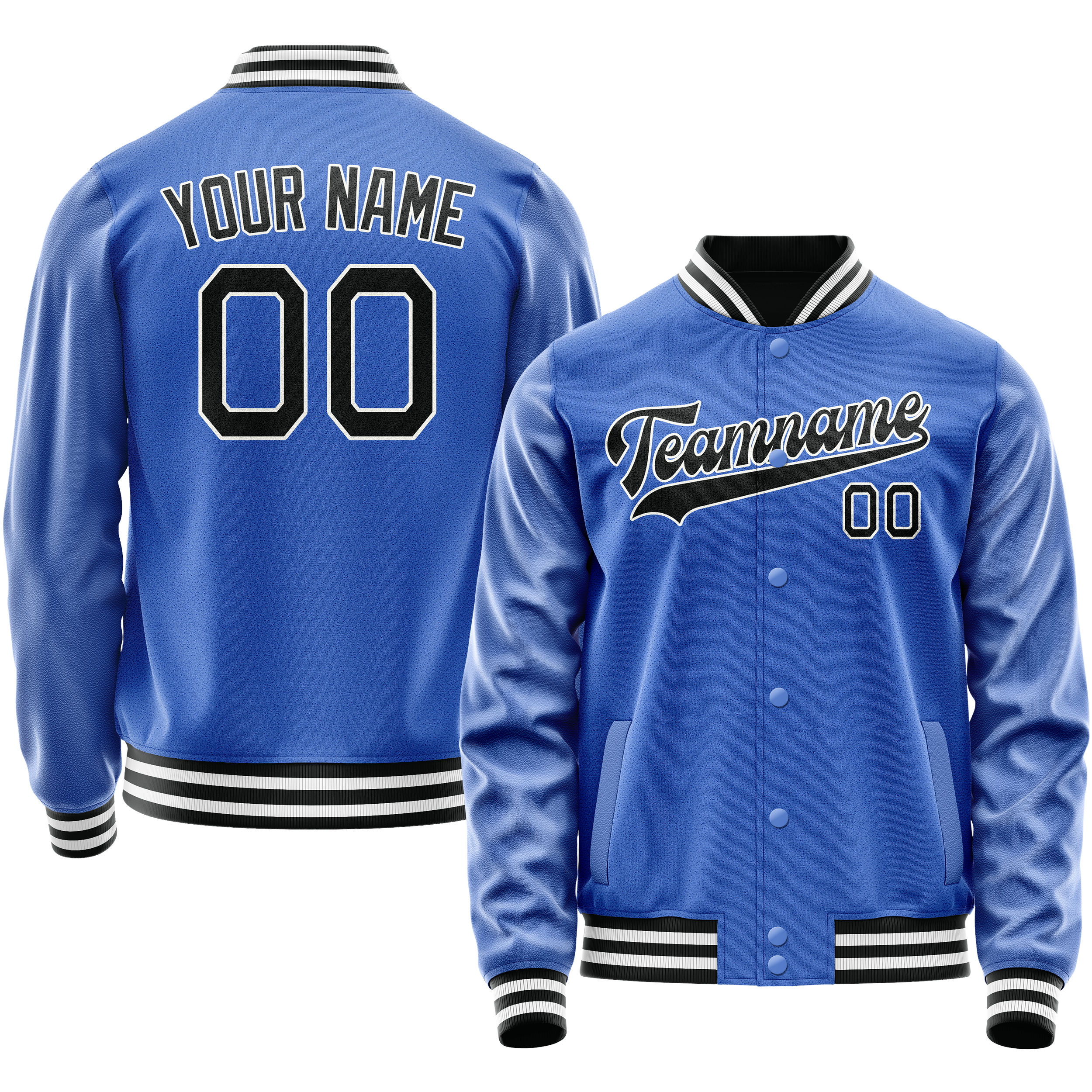 Personalized Sky & Blue Black Solid Color Varsity Letterman Jacket