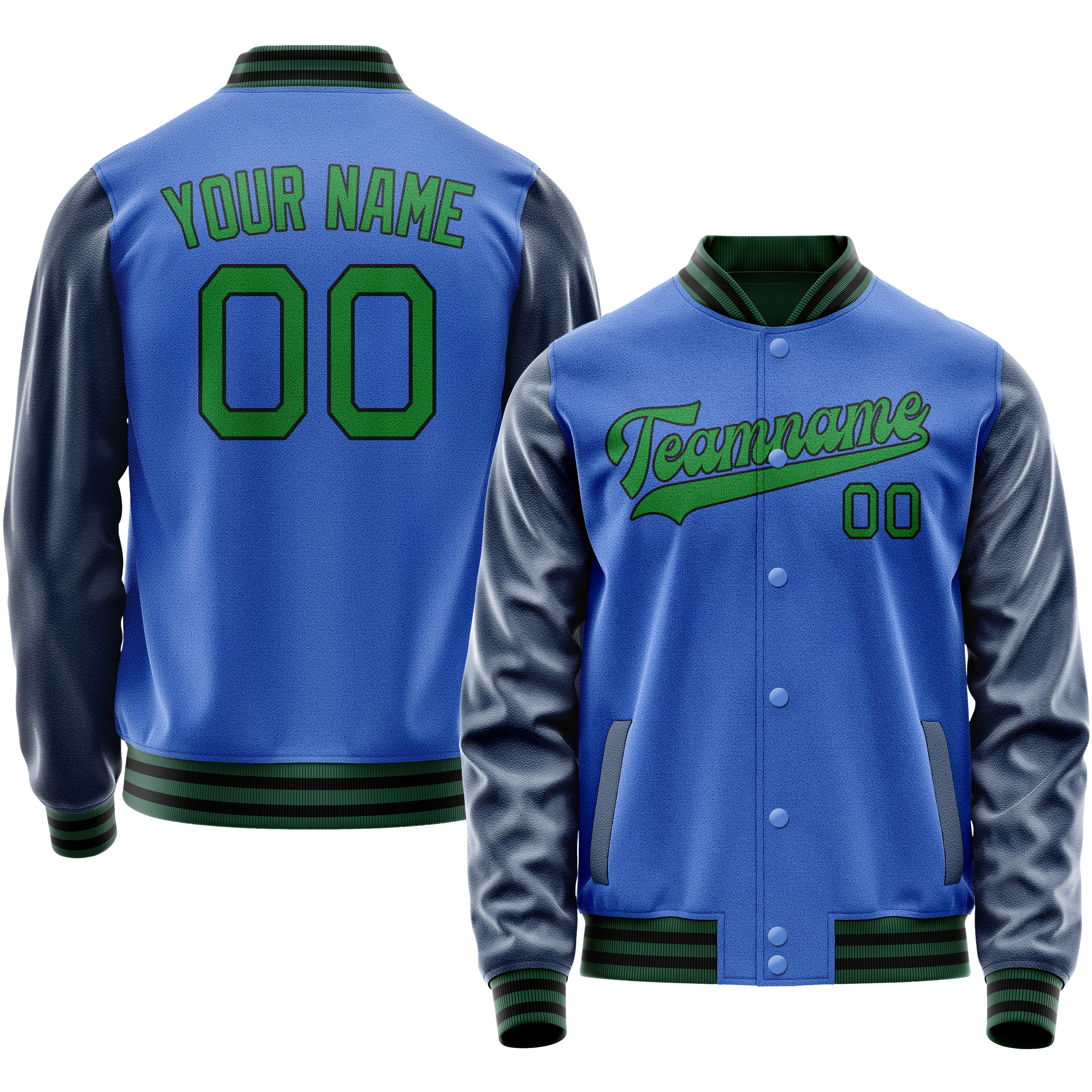 Personalized Sky & Blue Neon-Green Solid Color Varsity Letterman Jacket