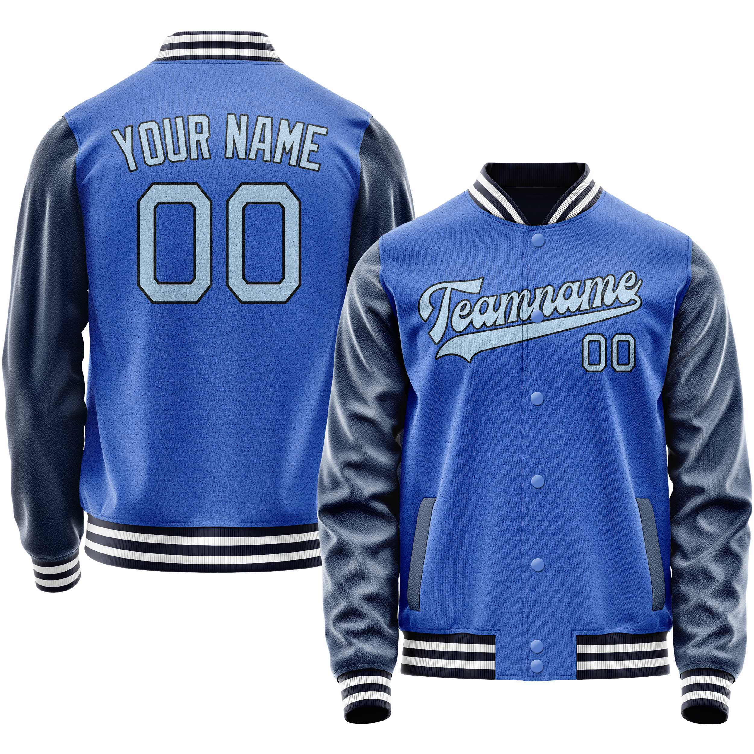 Personalized Sky & Blue Navy Solid Color Varsity Letterman Jacket