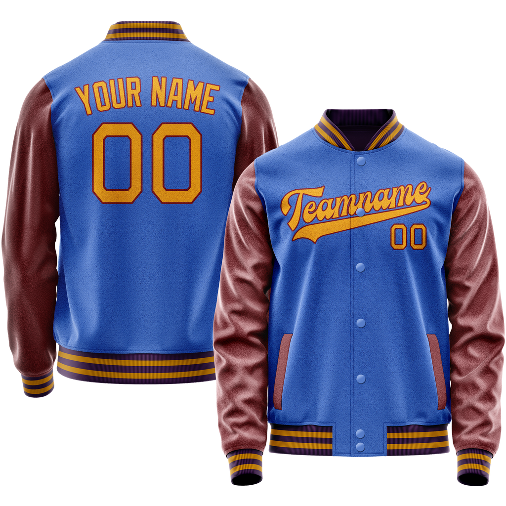 Personalized Sky & Blue Brown Solid Color Varsity Letterman Jacket