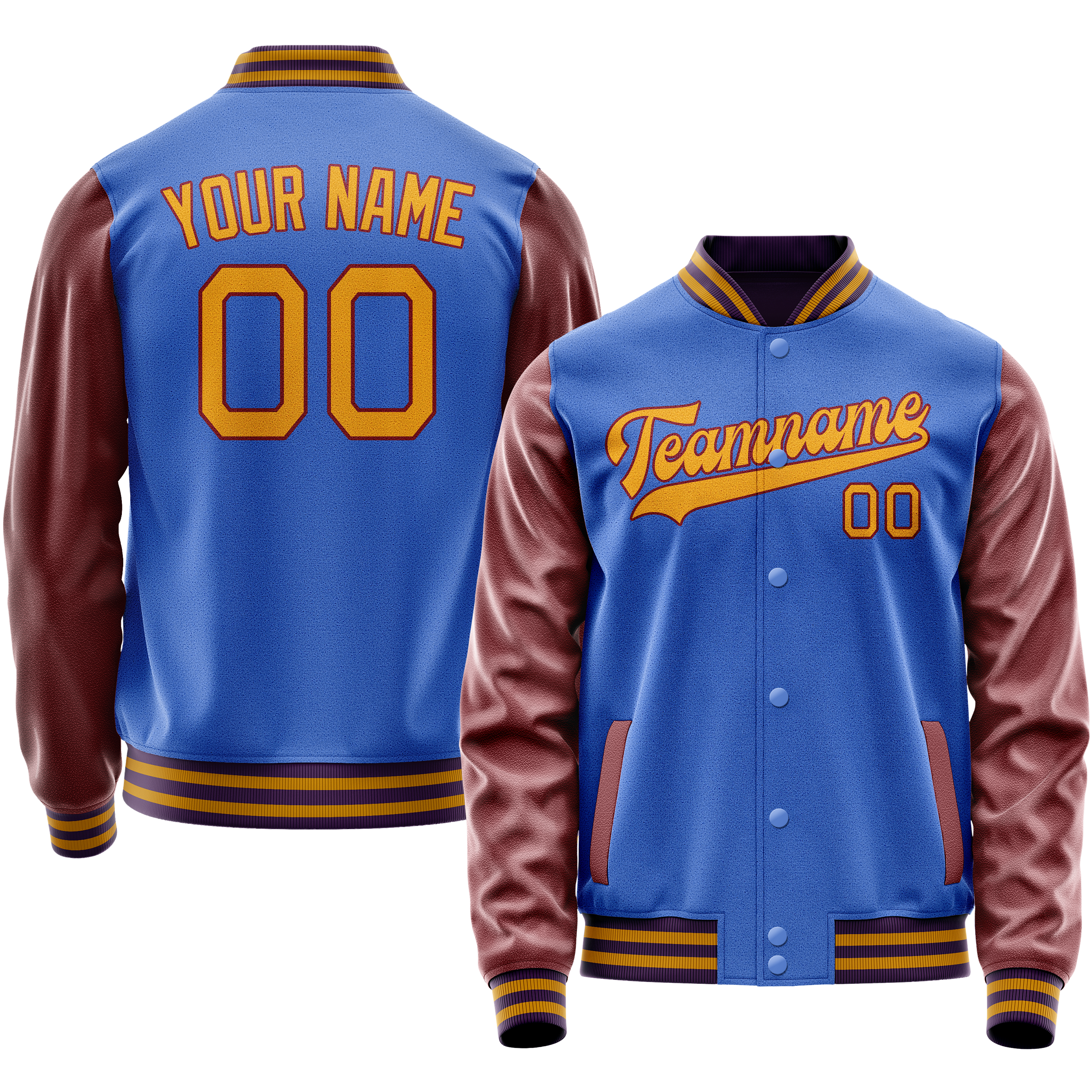 Personalized Sky & Blue Brown Solid Color Varsity Letterman Jacket