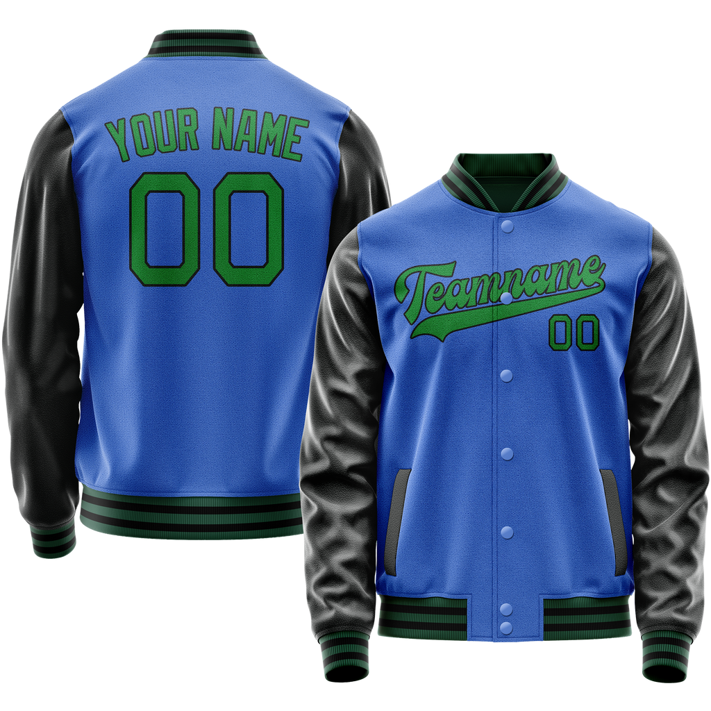 Personalized Sky & Blue Neon-Green Solid Color Varsity Letterman Jacket