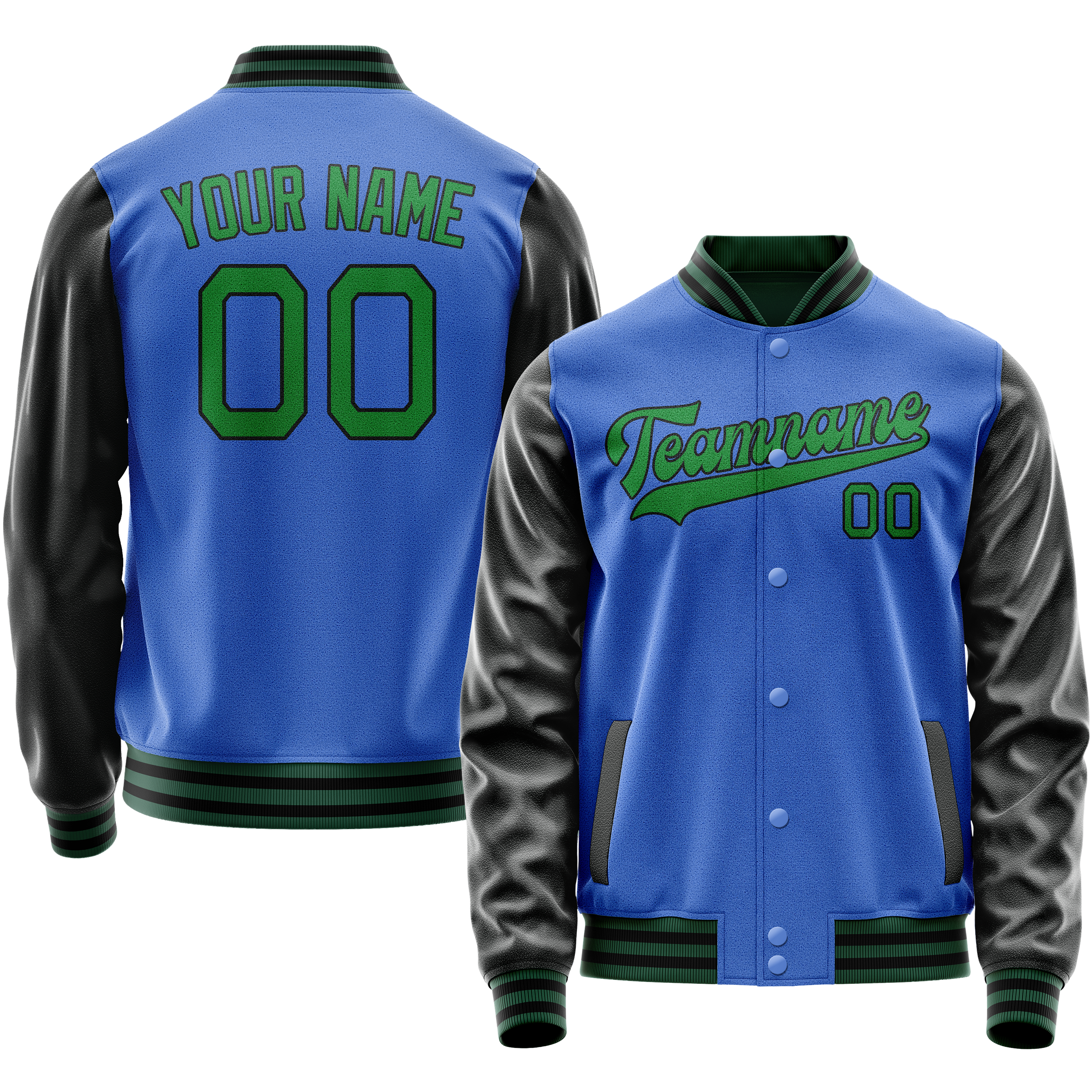 Personalized Sky & Blue Neon-Green Solid Color Varsity Letterman Jacket