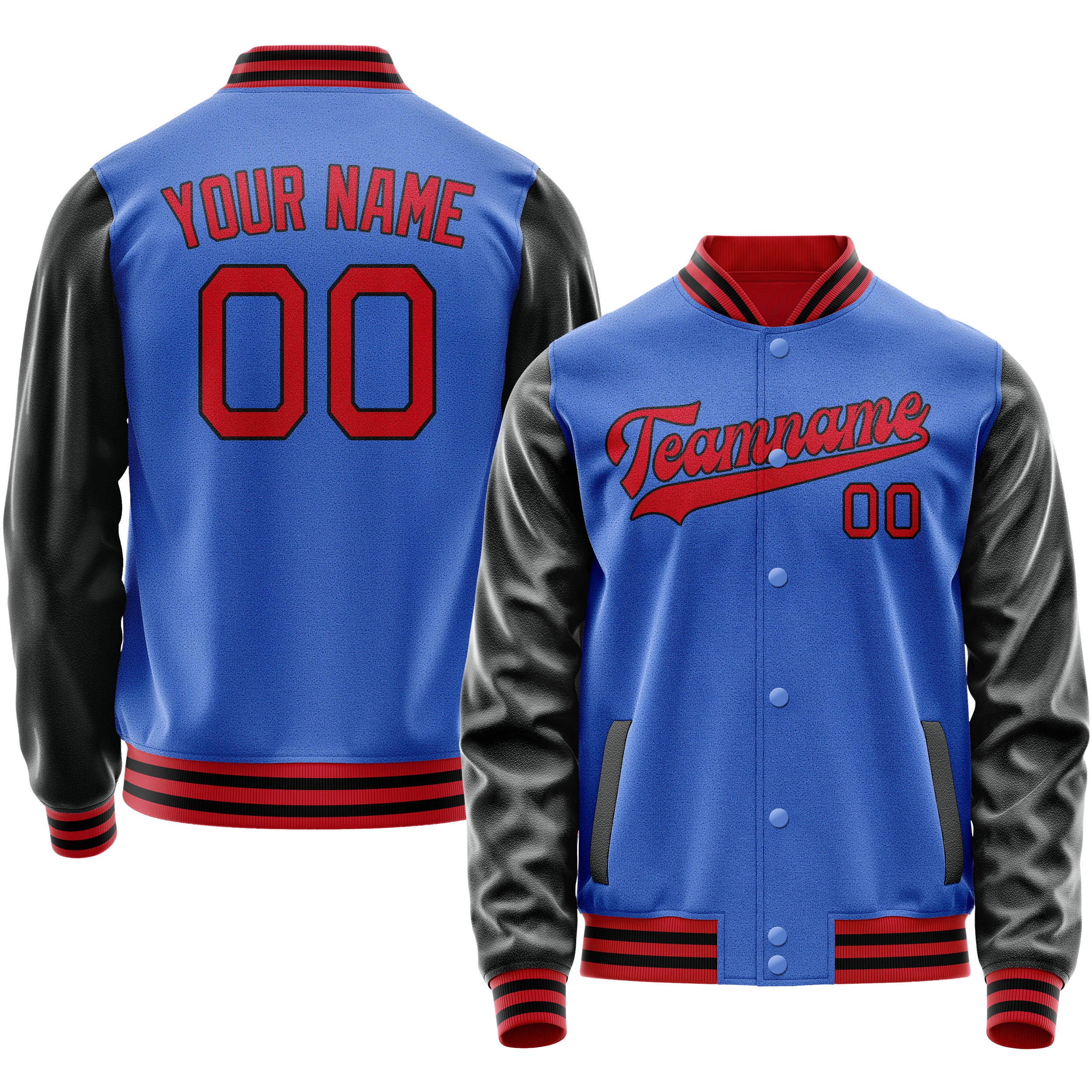 Personalized Sky & Blue Black Solid Color Varsity Letterman Jacket