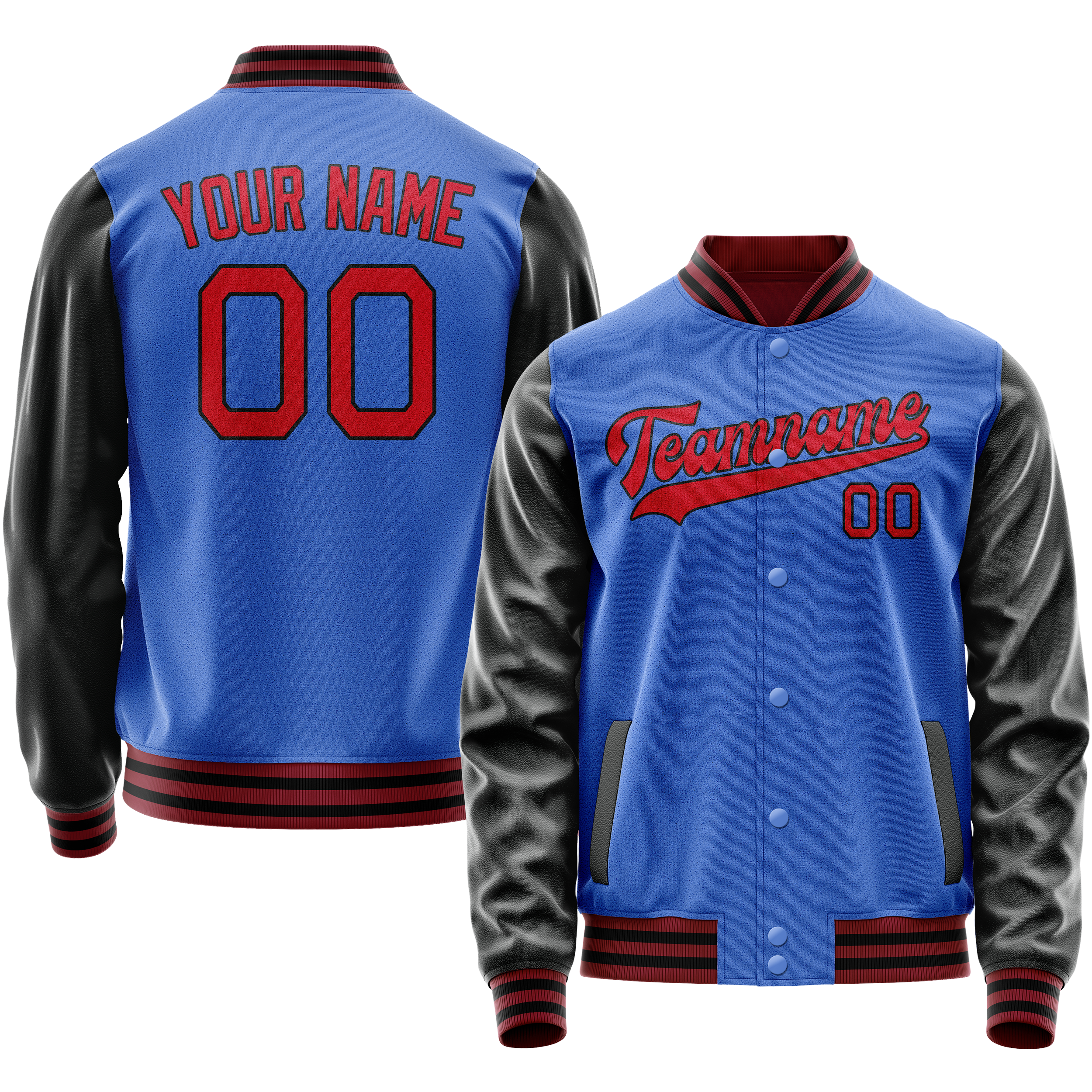 Personalized Sky & Blue Red Solid Color Varsity Letterman Jacket