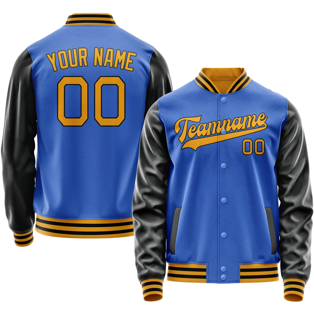 Personalized Sky & Blue Old-Gold Solid Color Varsity Letterman Jacket