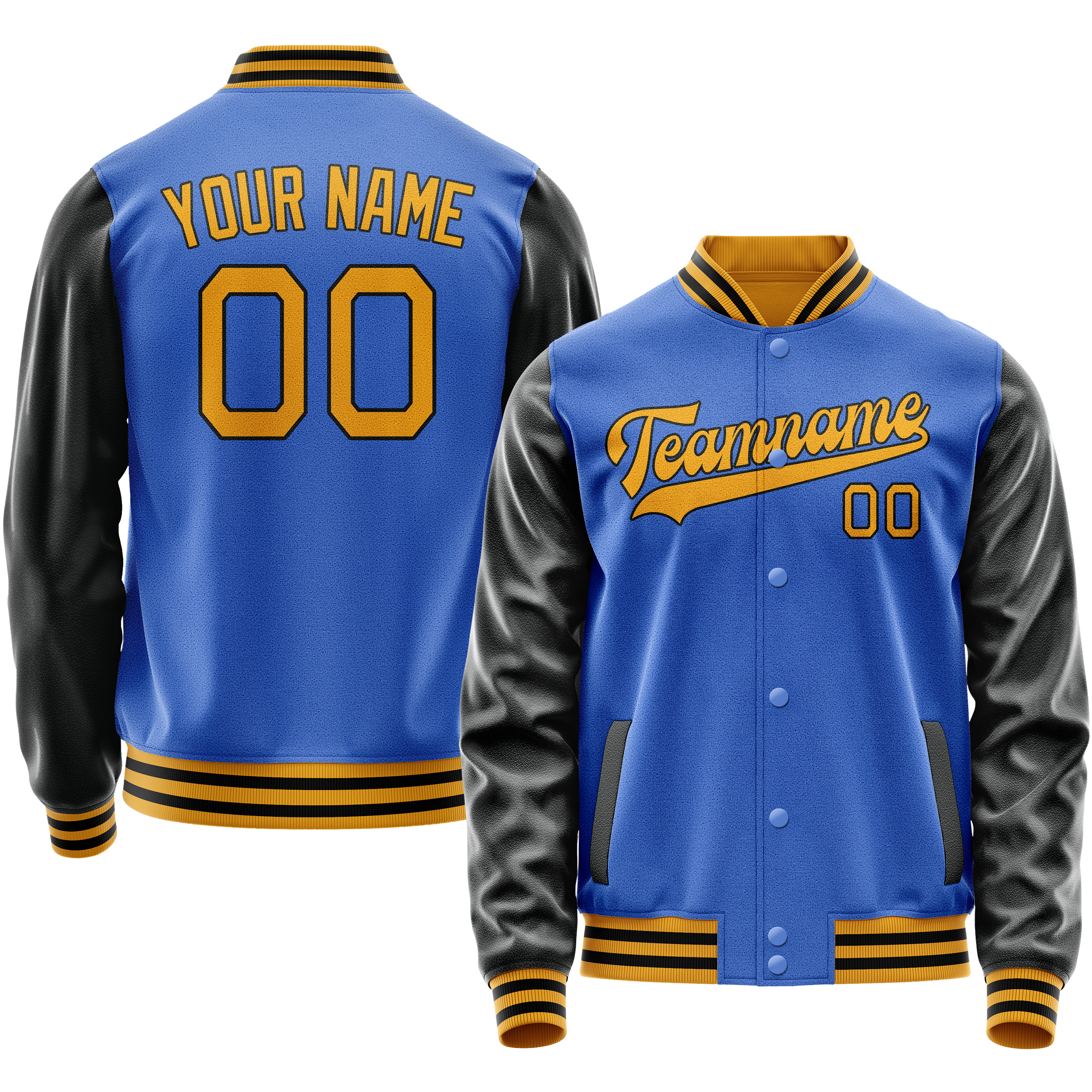 Personalized Sky & Blue Old-Gold Solid Color Varsity Letterman Jacket