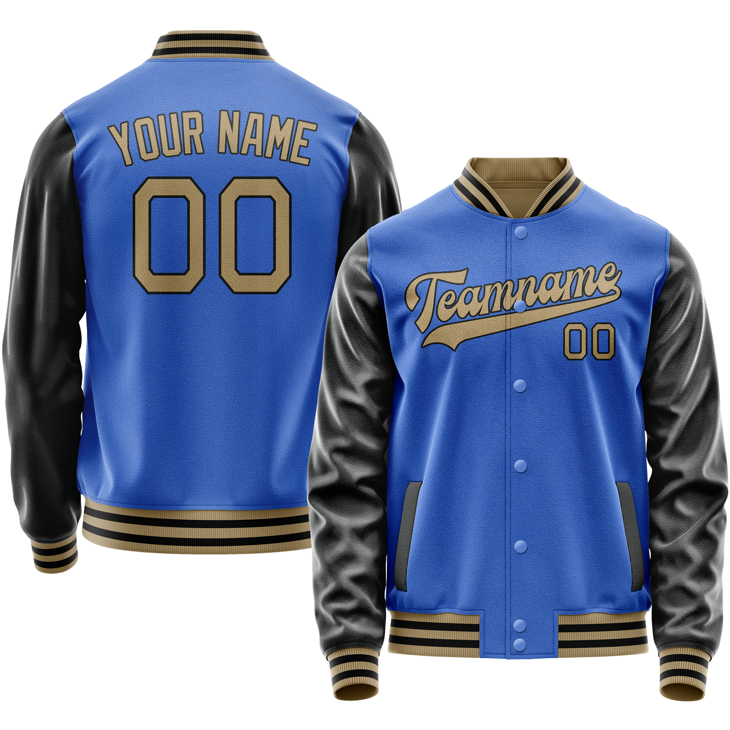 Personalized Sky & Blue Black Solid Color Varsity Letterman Jacket
