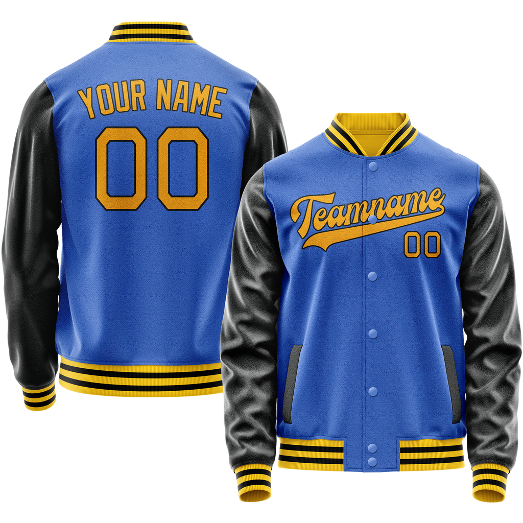 Personalized Sky & Blue Black Solid Color Varsity Letterman Jacket