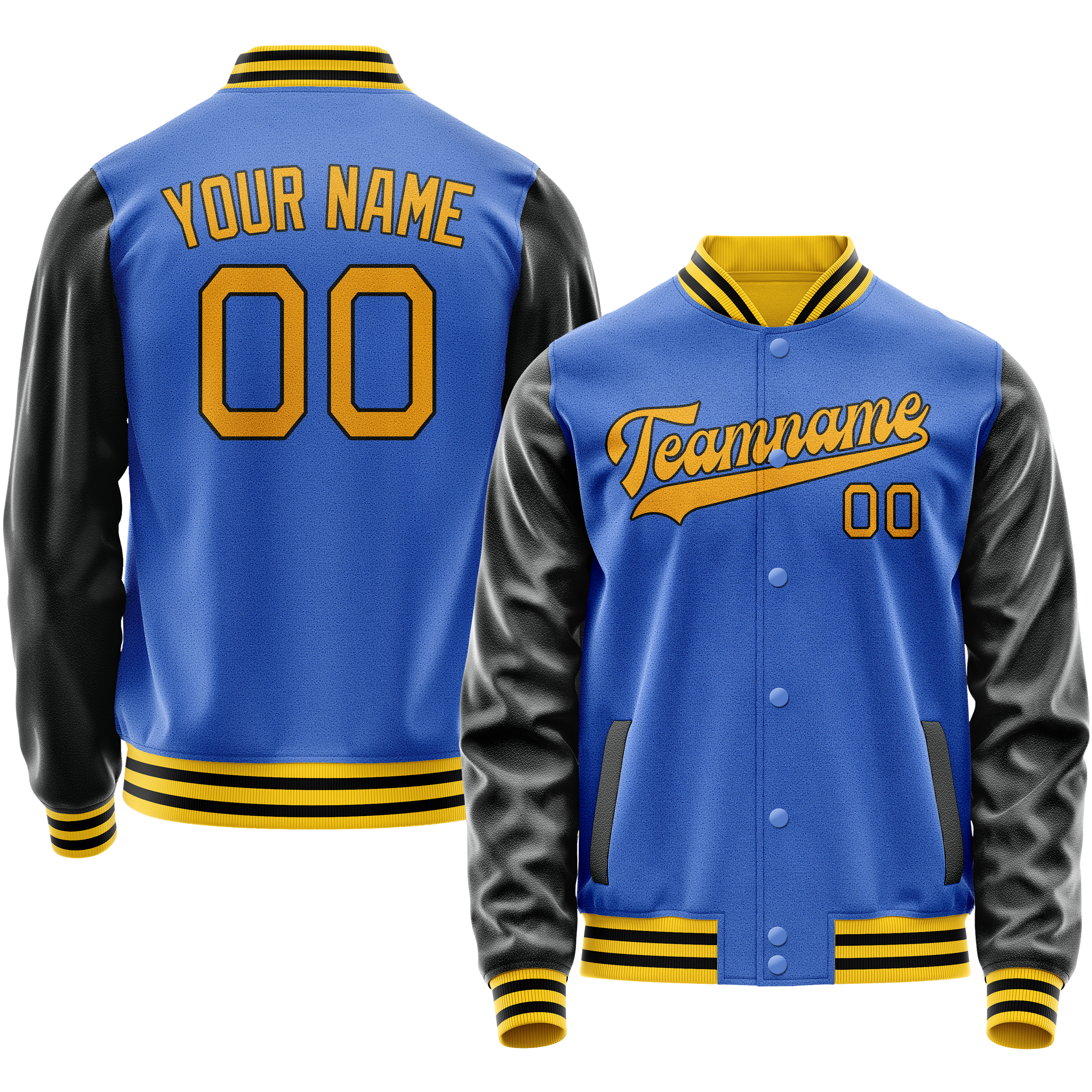 Personalized Sky & Blue Black Solid Color Varsity Letterman Jacket