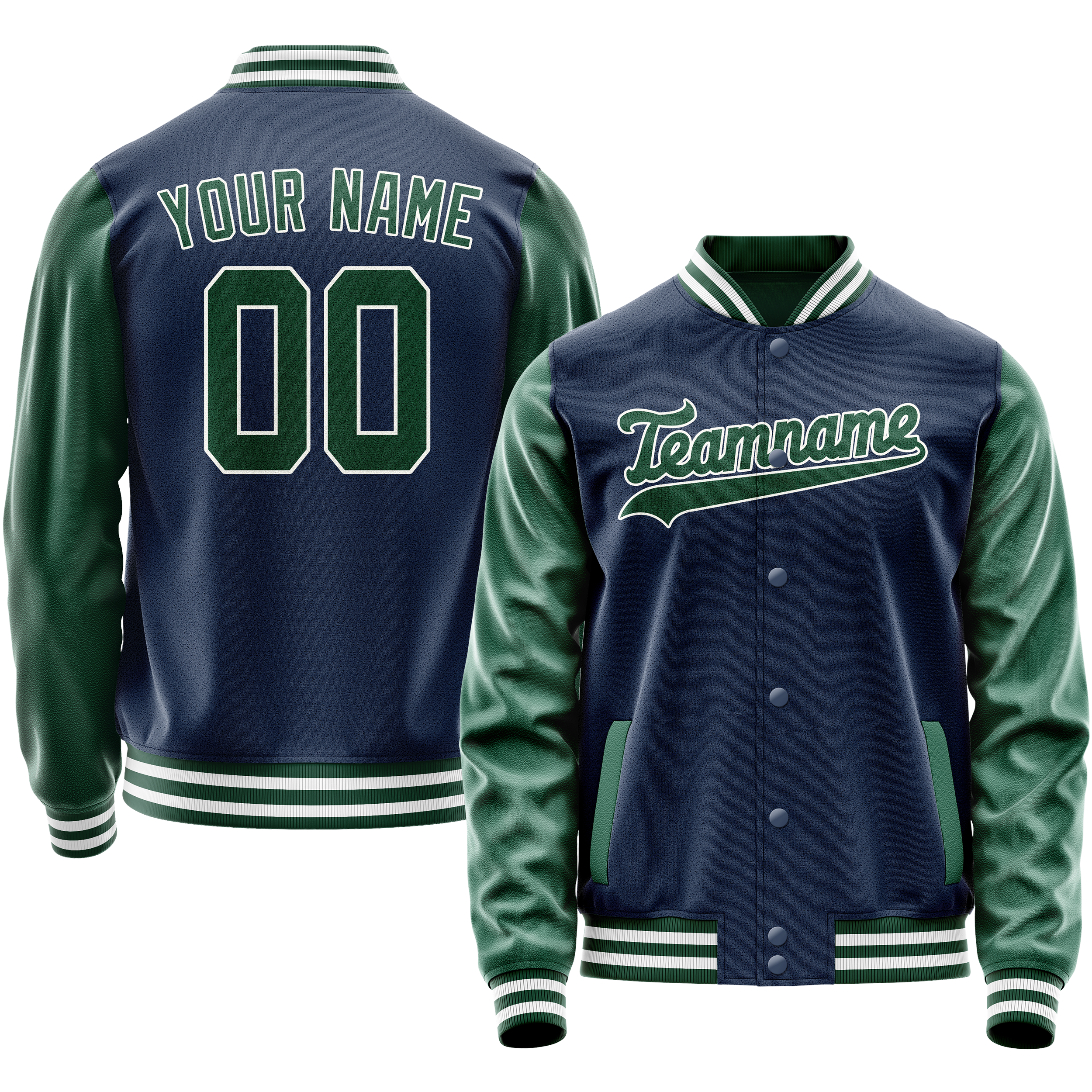 Personalized Blue & Green Solid Color Varsity Letterman Jacket