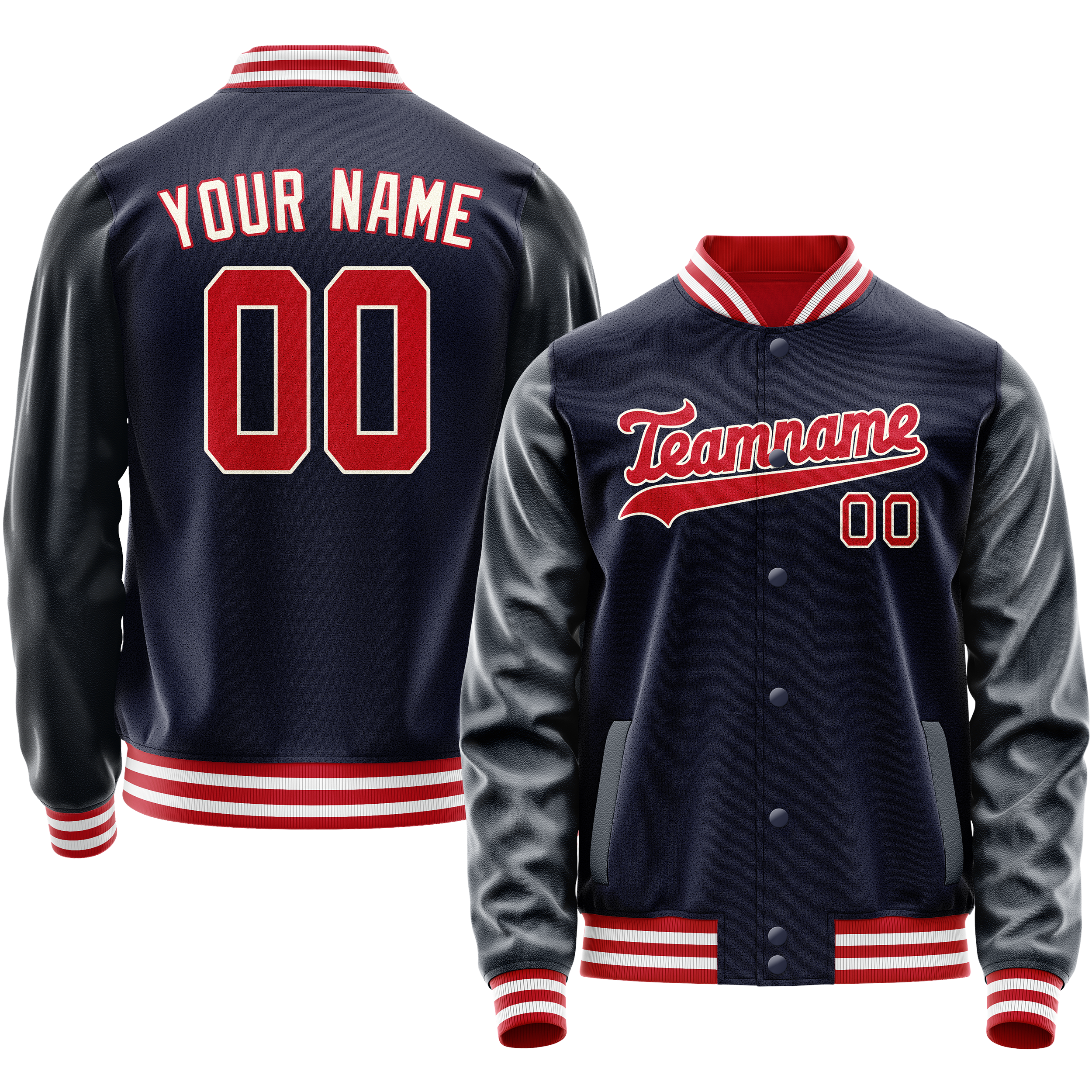Personalized Navy & Red Solid Color Varsity Letterman Jacket