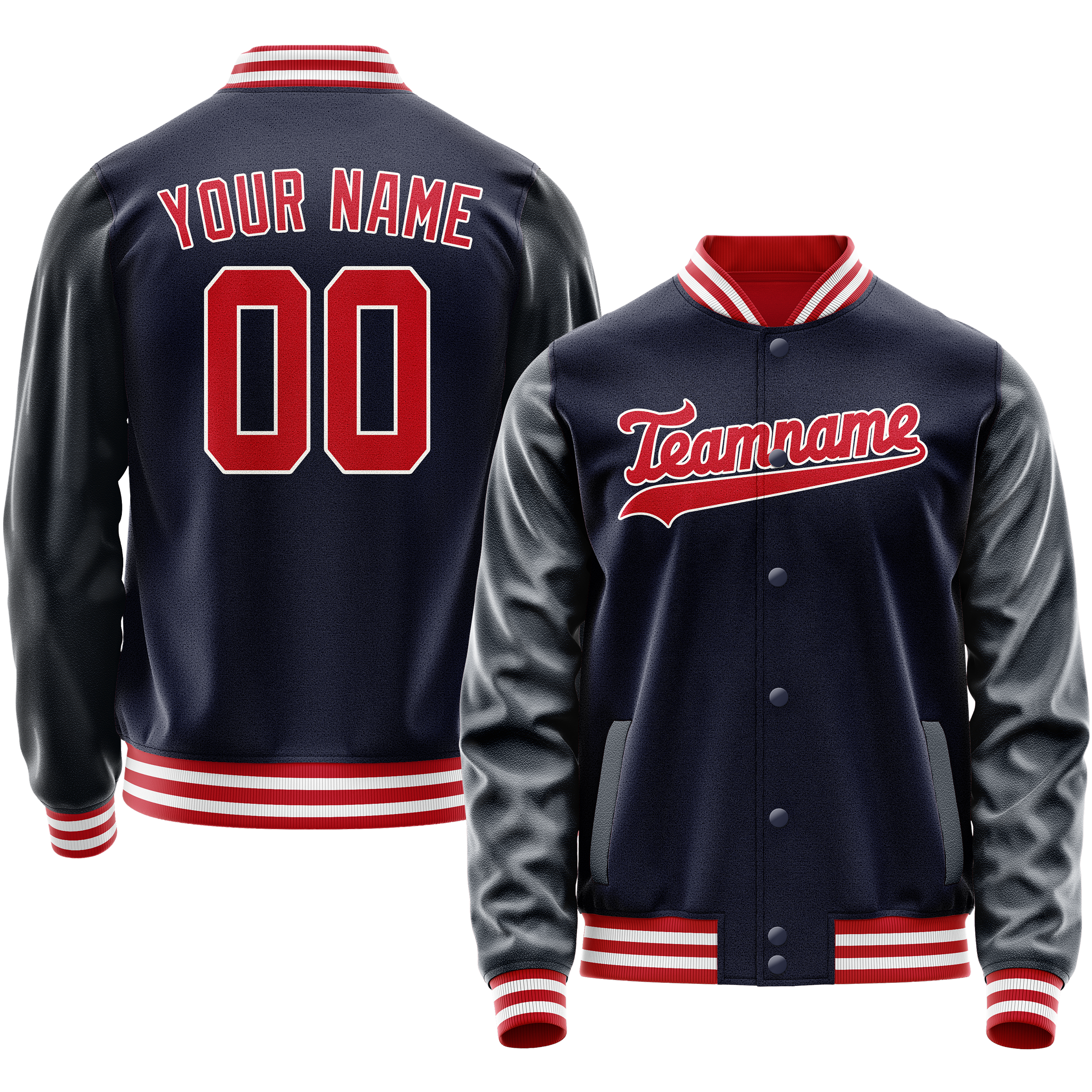 Personalized Navy & Red Solid Color Varsity Letterman Jacket