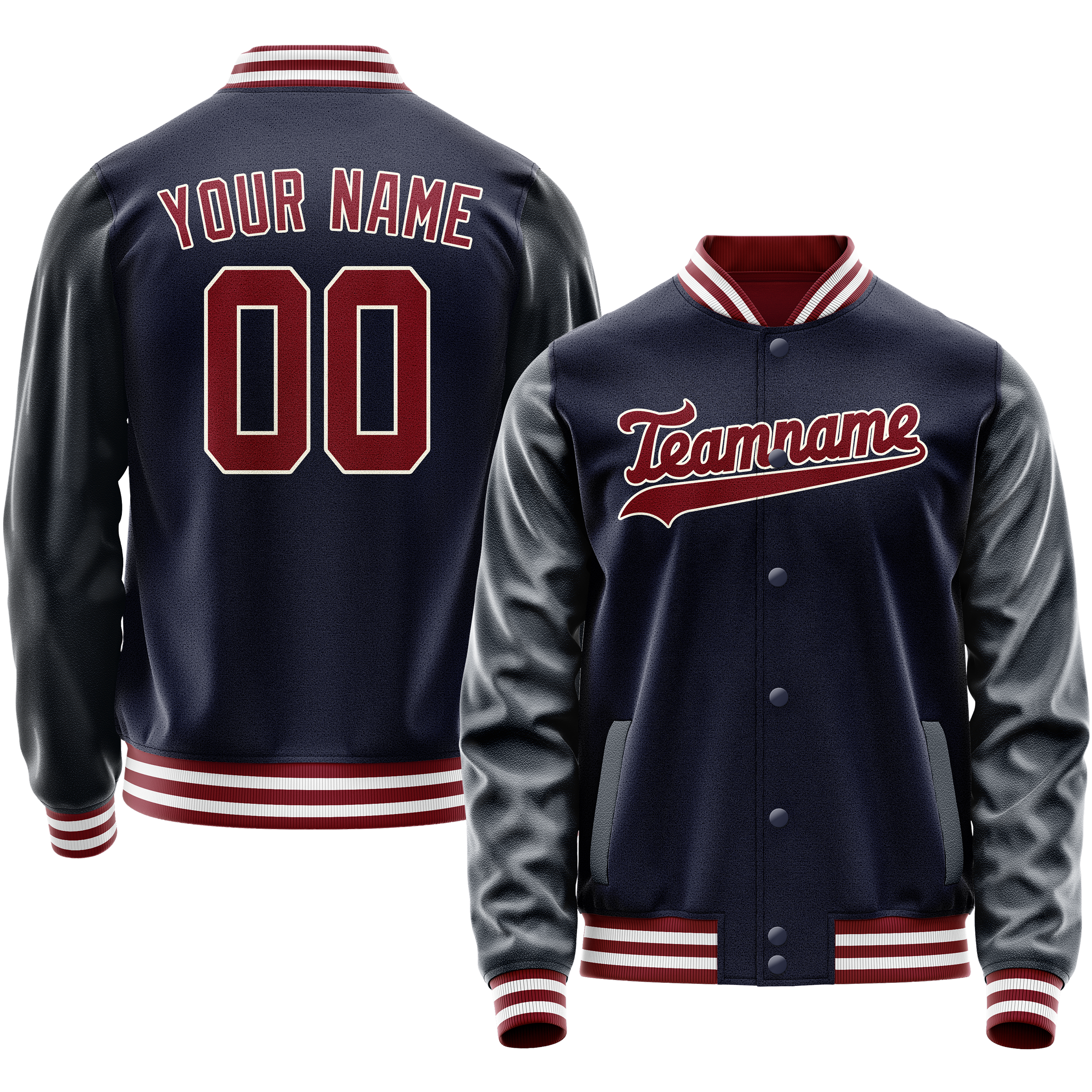 Personalized Navy & Crimson Solid Color Varsity Letterman Jacket
