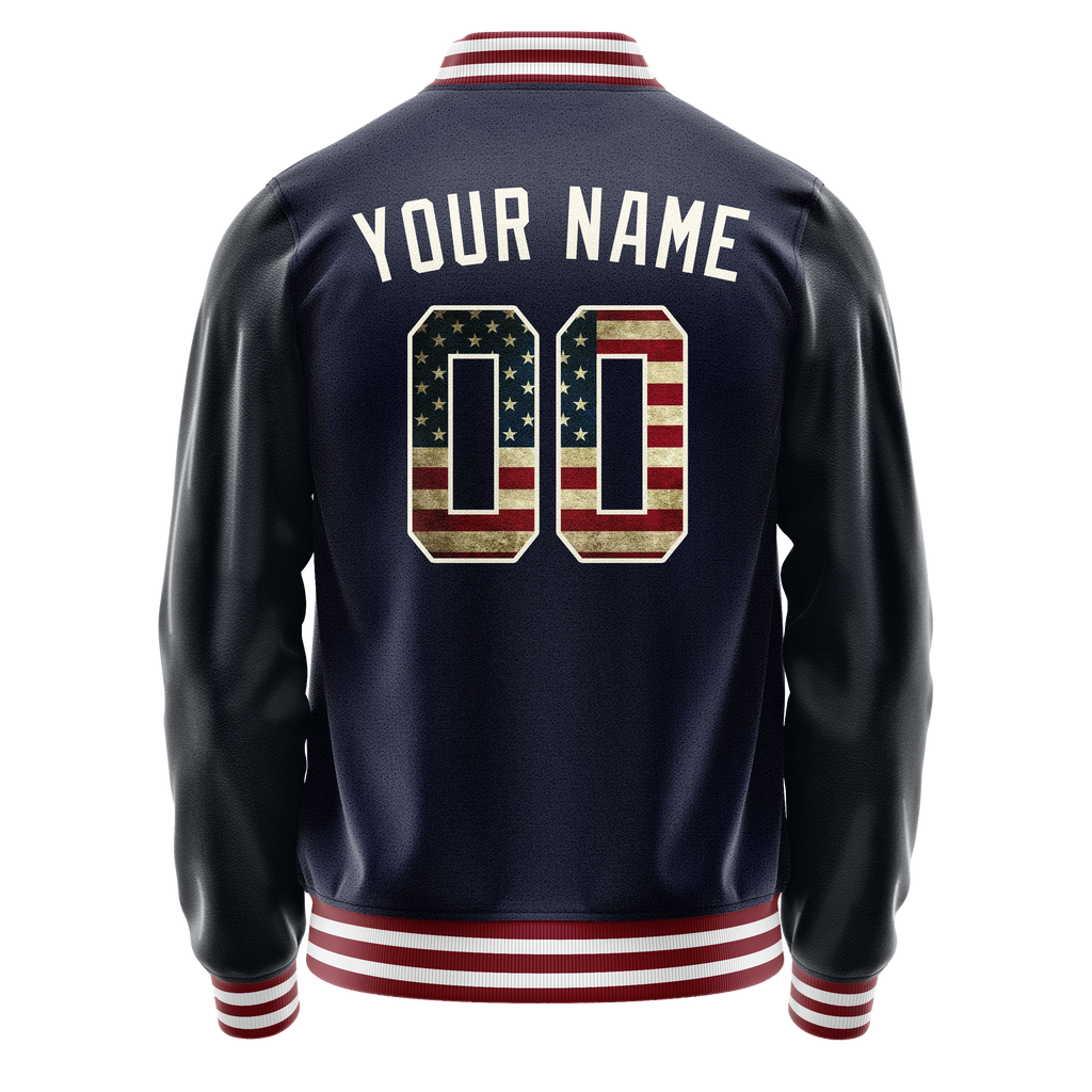 Personalized Navy & Cream Vintage Usa Flag Varsity Letterman Jacket