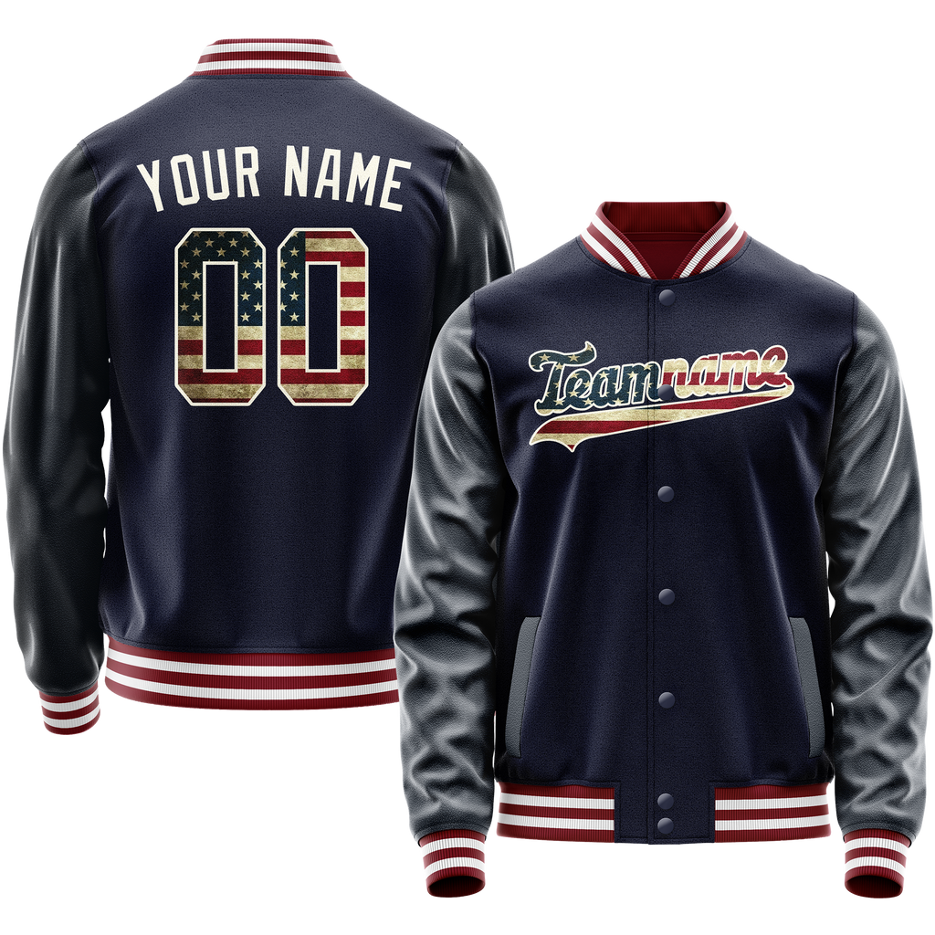 Personalized Navy & Cream Vintage Usa Flag Varsity Letterman Jacket
