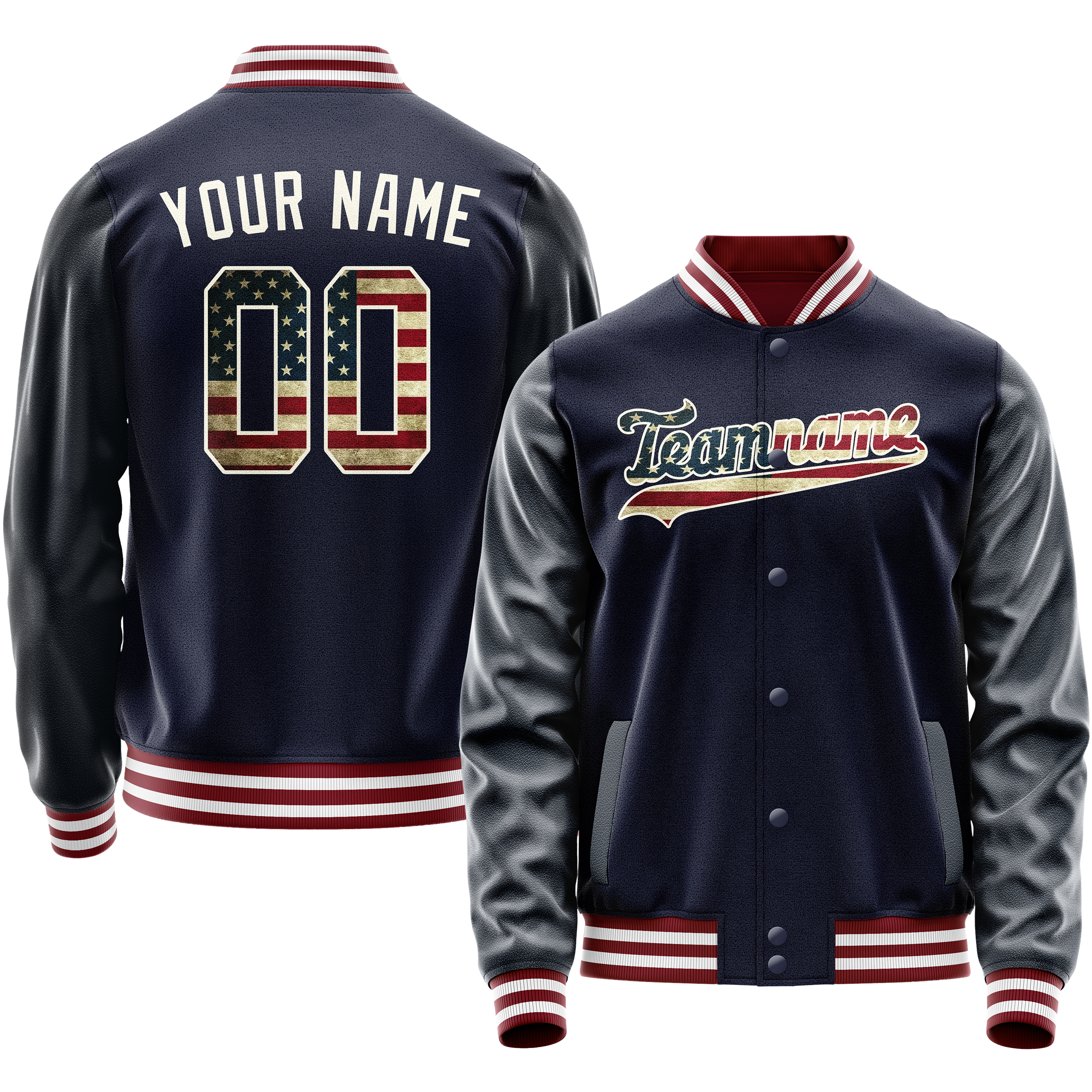 Personalized Navy & Cream Vintage Usa Flag Varsity Letterman Jacket