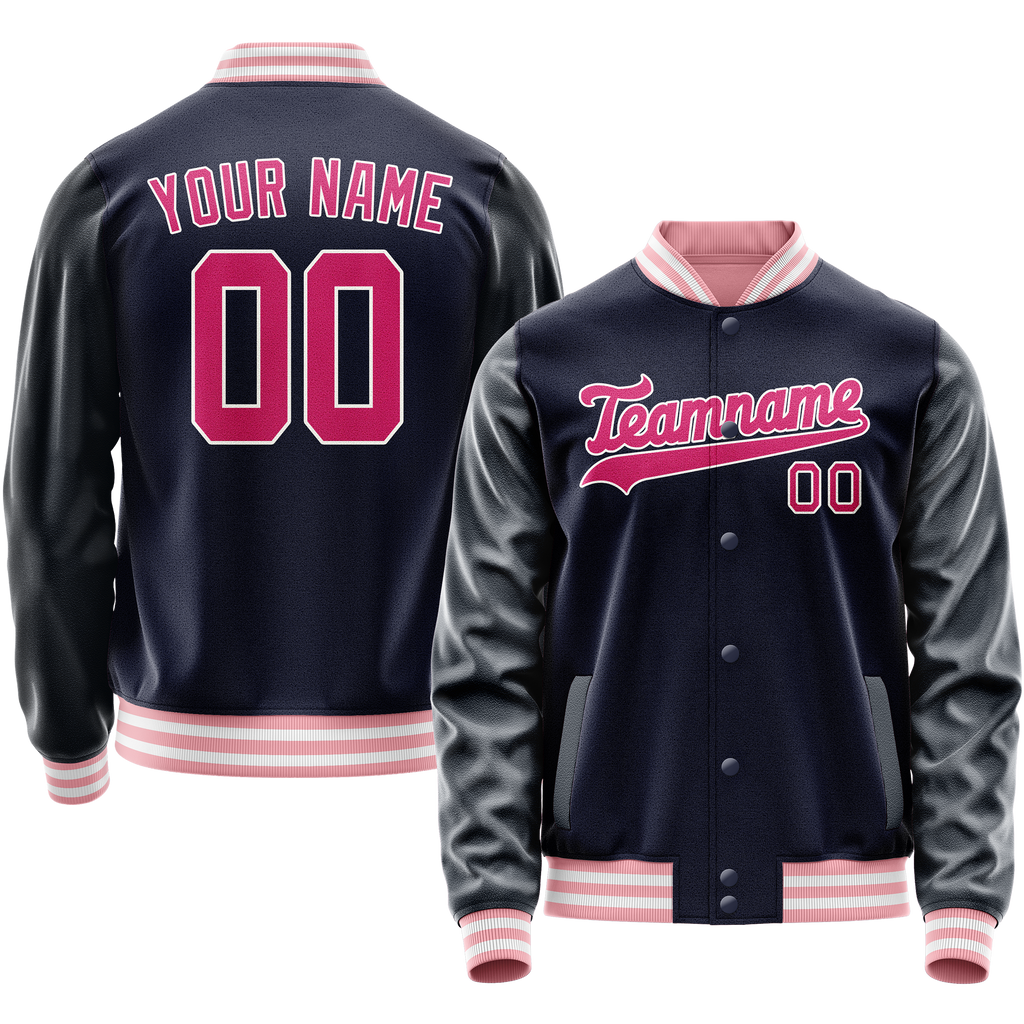 Personalized Navy & Pink Solid Color Varsity Letterman Jacket