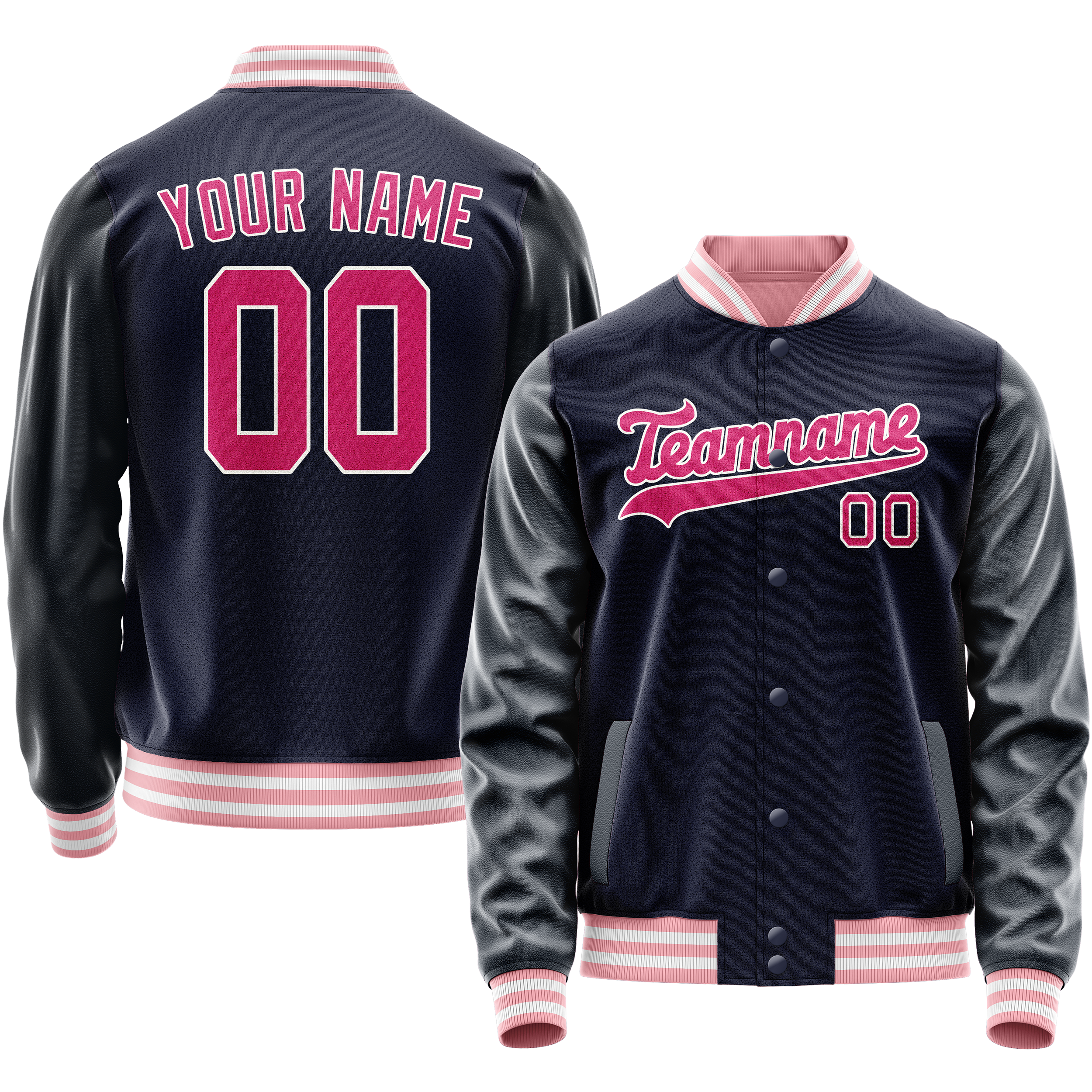 Personalized Navy & Pink Solid Color Varsity Letterman Jacket