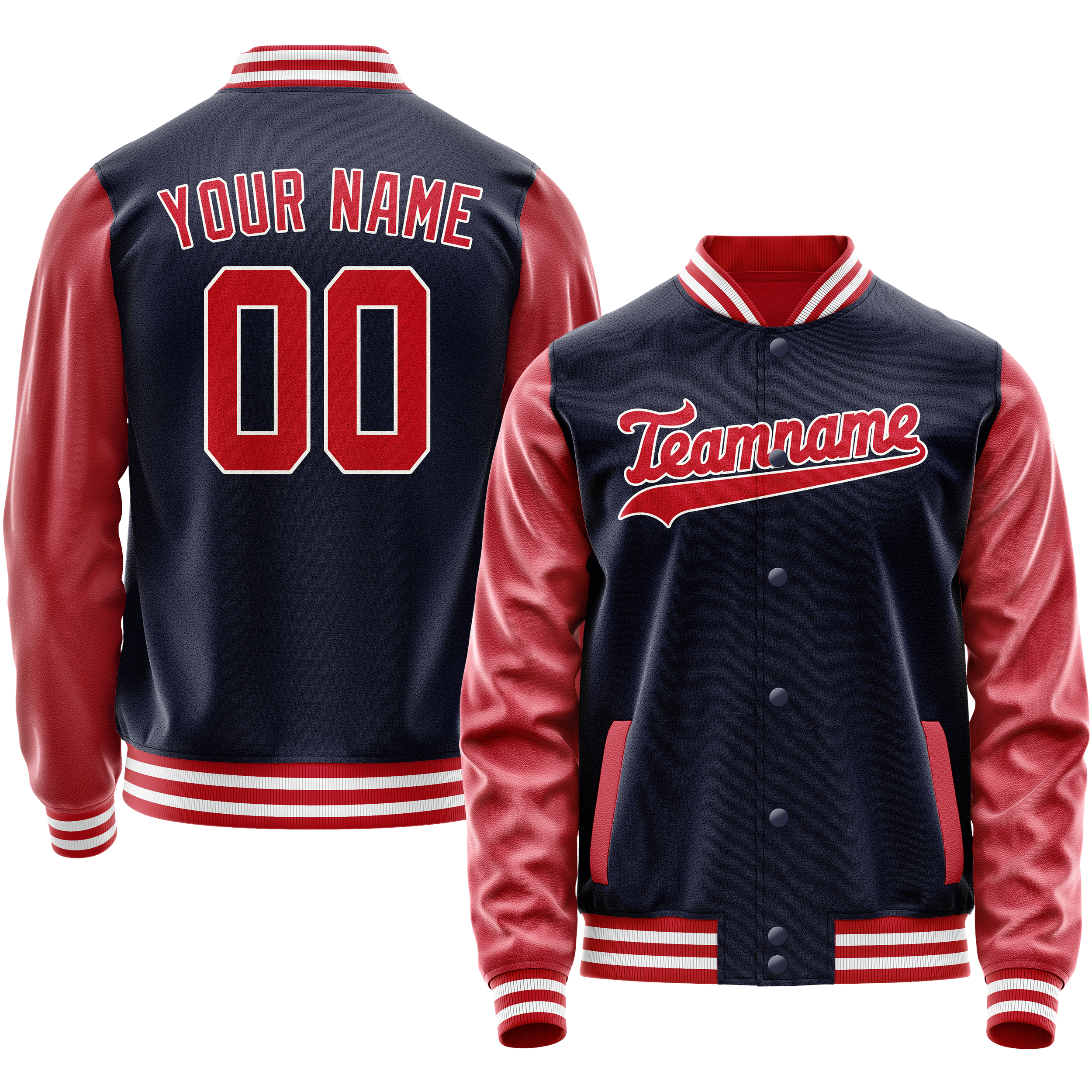 Personalized Navy & Red Solid Color Varsity Letterman Jacket