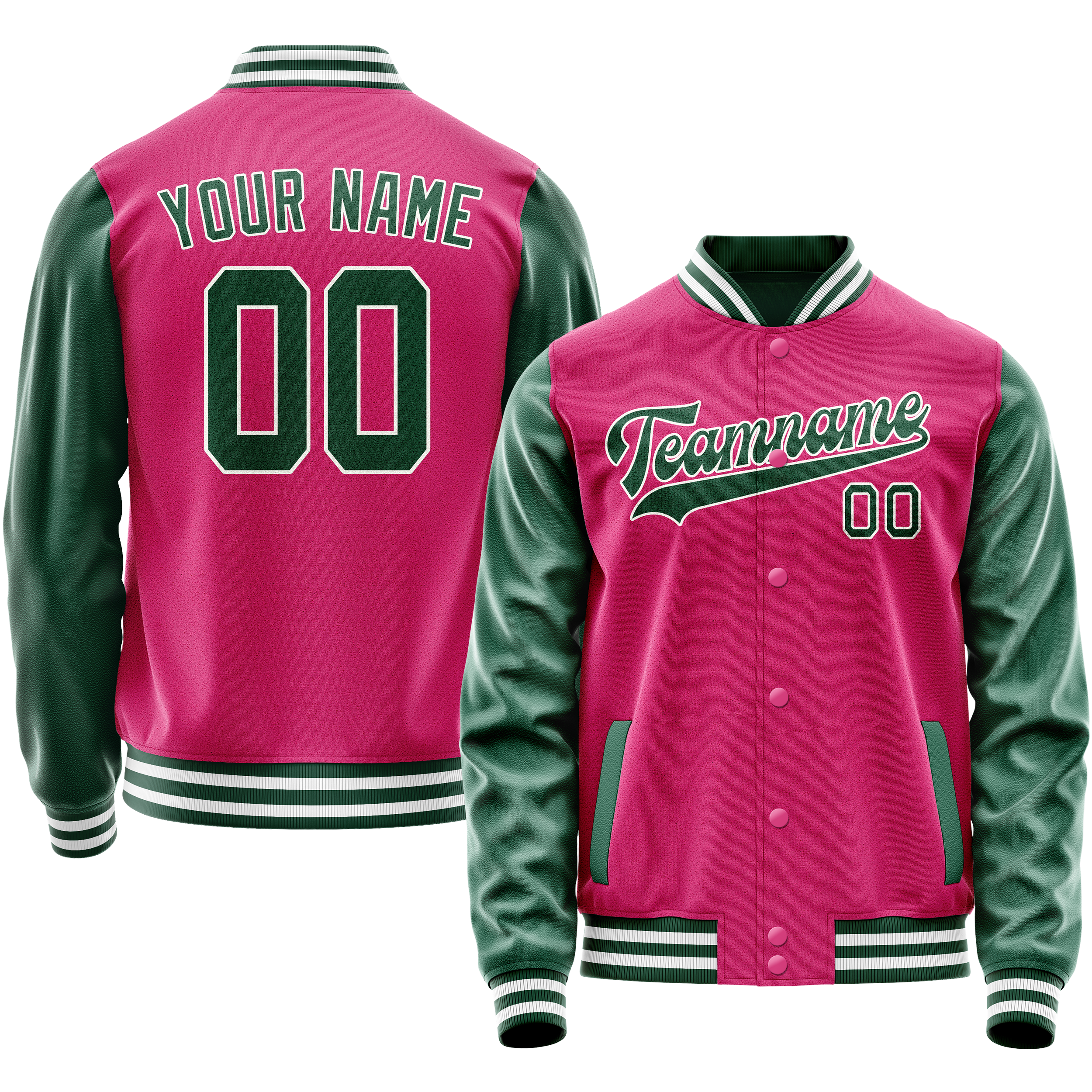 Personalized Pink & Green Solid Color Varsity Letterman Jacket