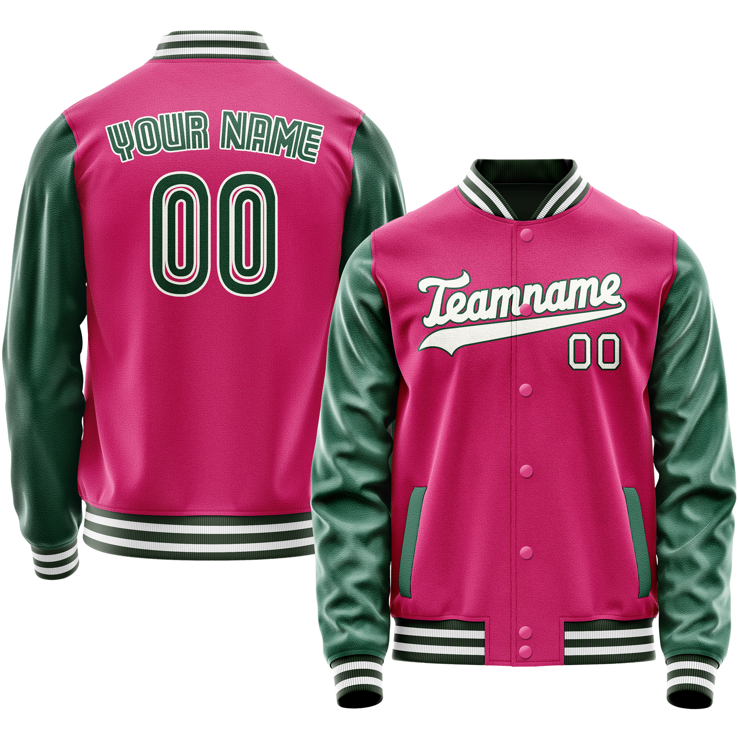 Personalized Pink & Green Solid Color Varsity Letterman Jacket