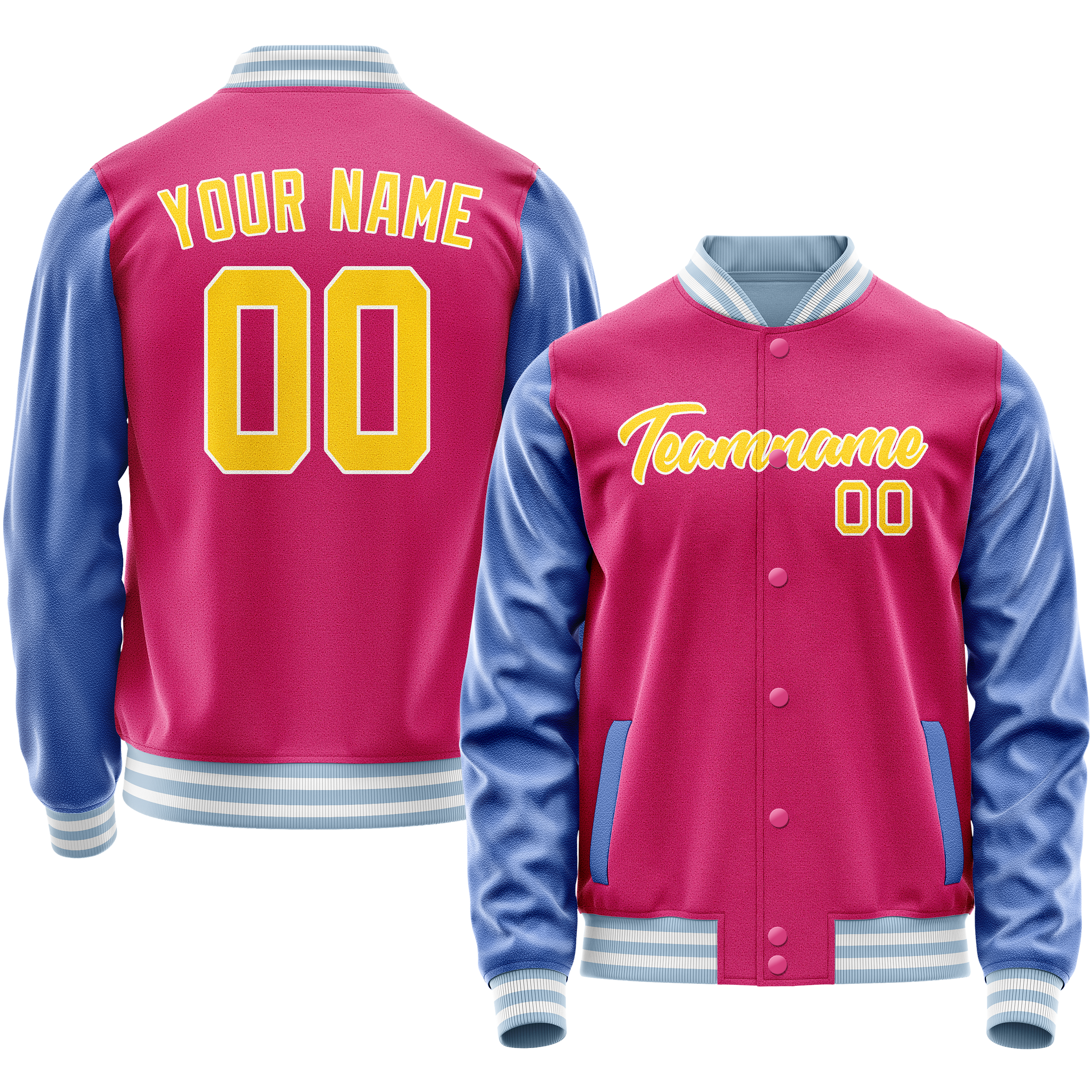 Personalized Pink & Light-Blue Solid Color Varsity Letterman Jacket