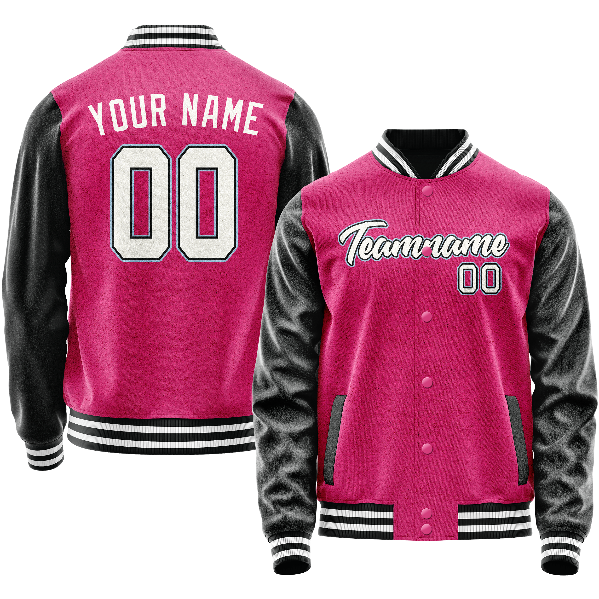 Personalized Pink & Black Solid Color Varsity Letterman Jacket