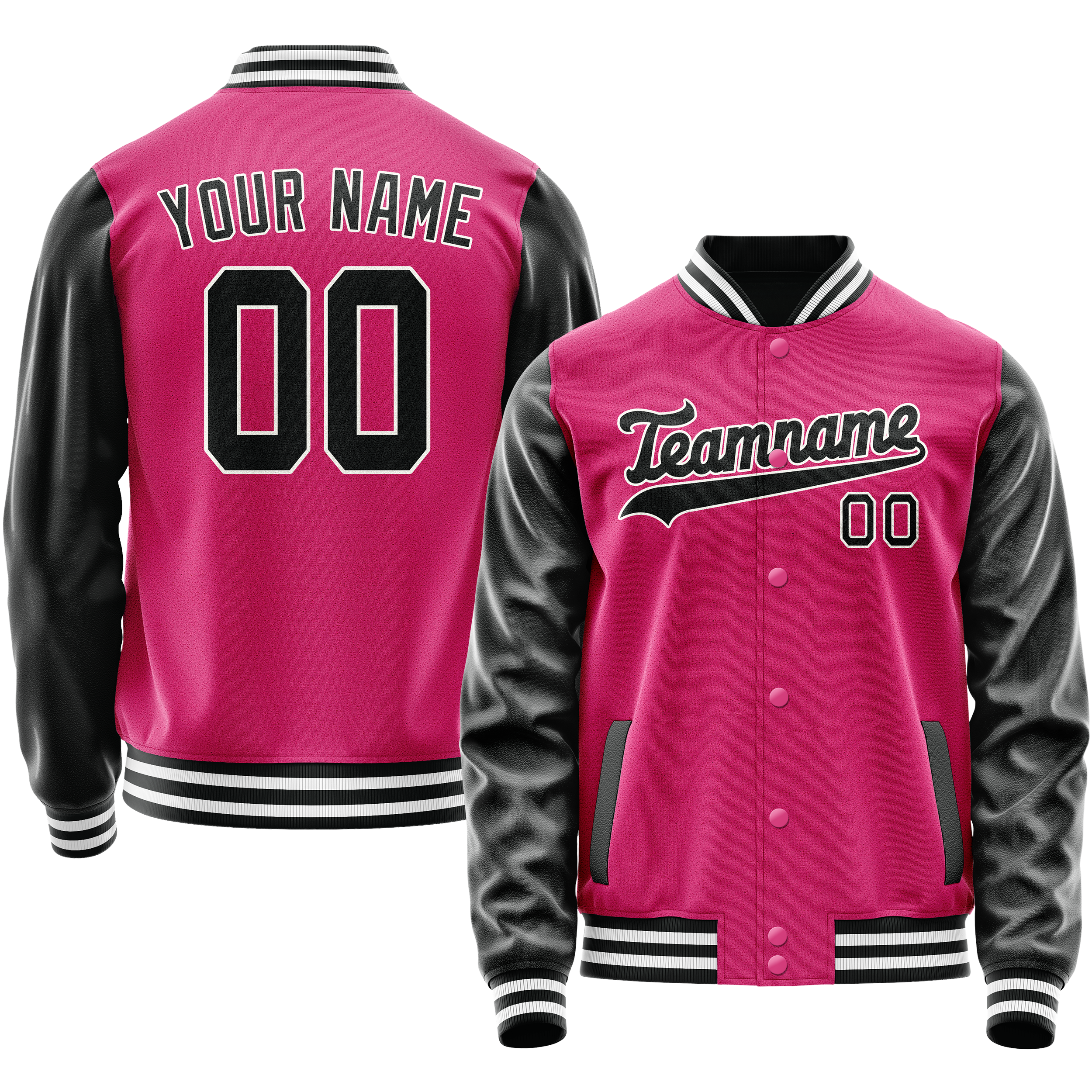 Personalized Pink & Black Solid Color Varsity Letterman Jacket