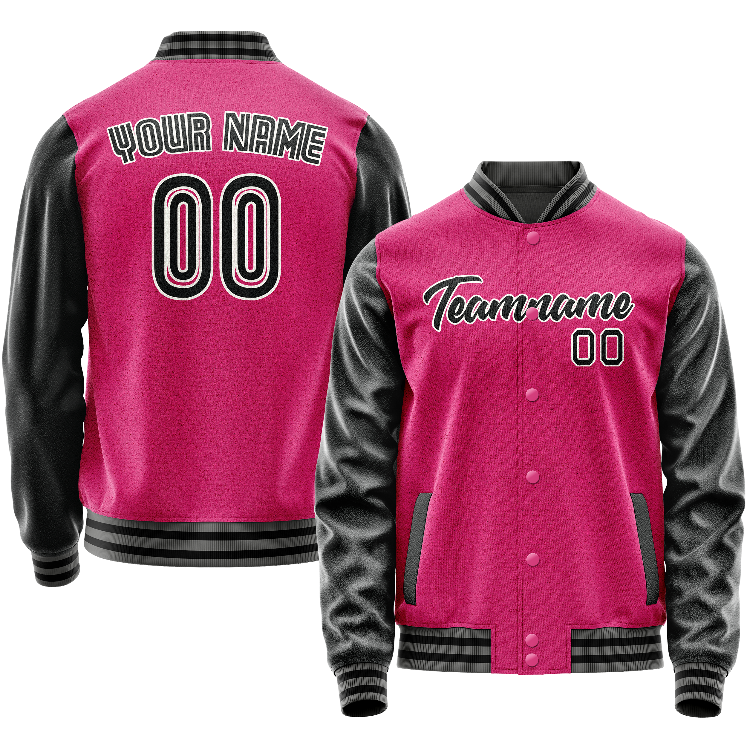 Personalized Pink & Black Solid Color Varsity Letterman Jacket