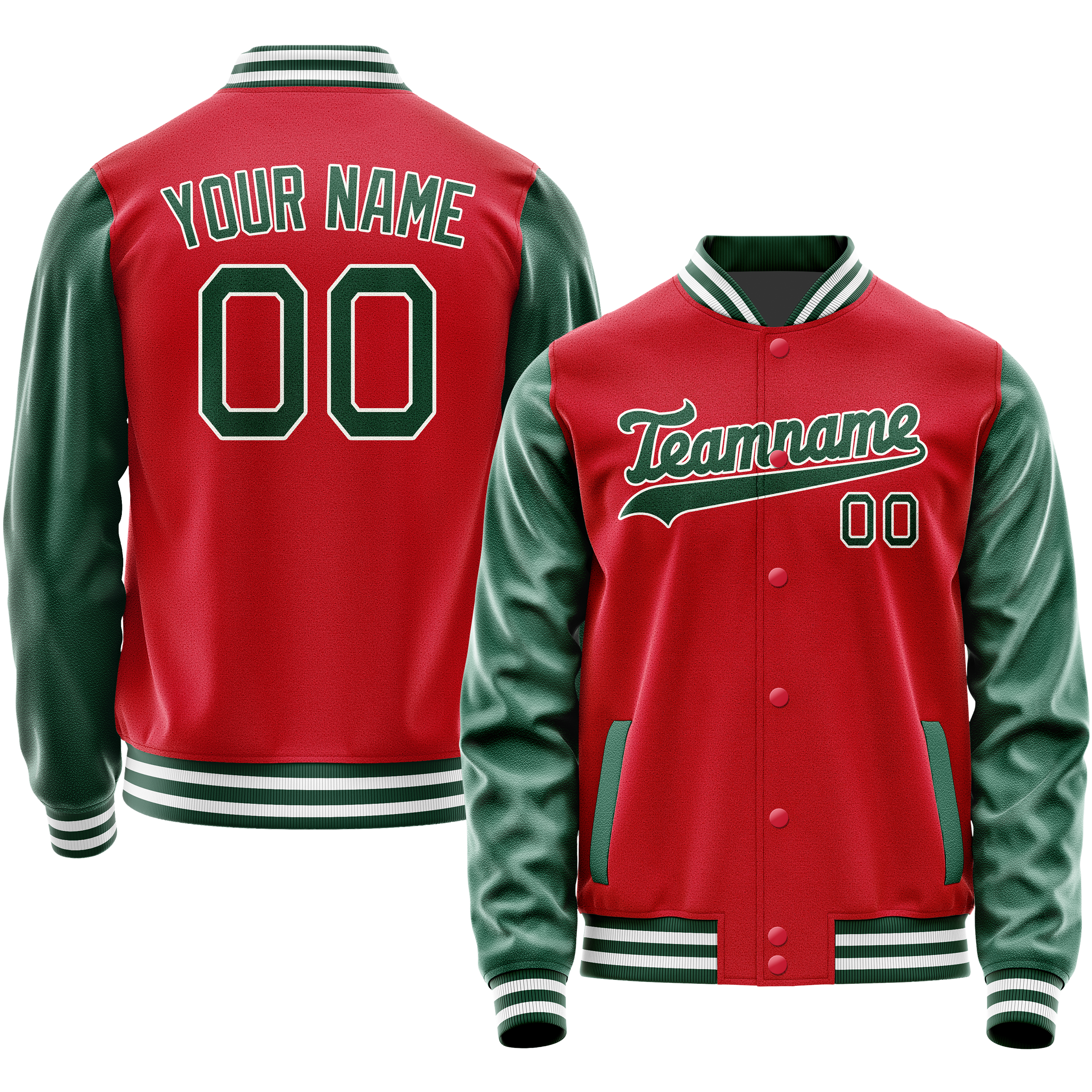 Personalized Red & Green Solid Color Varsity Letterman Jacket