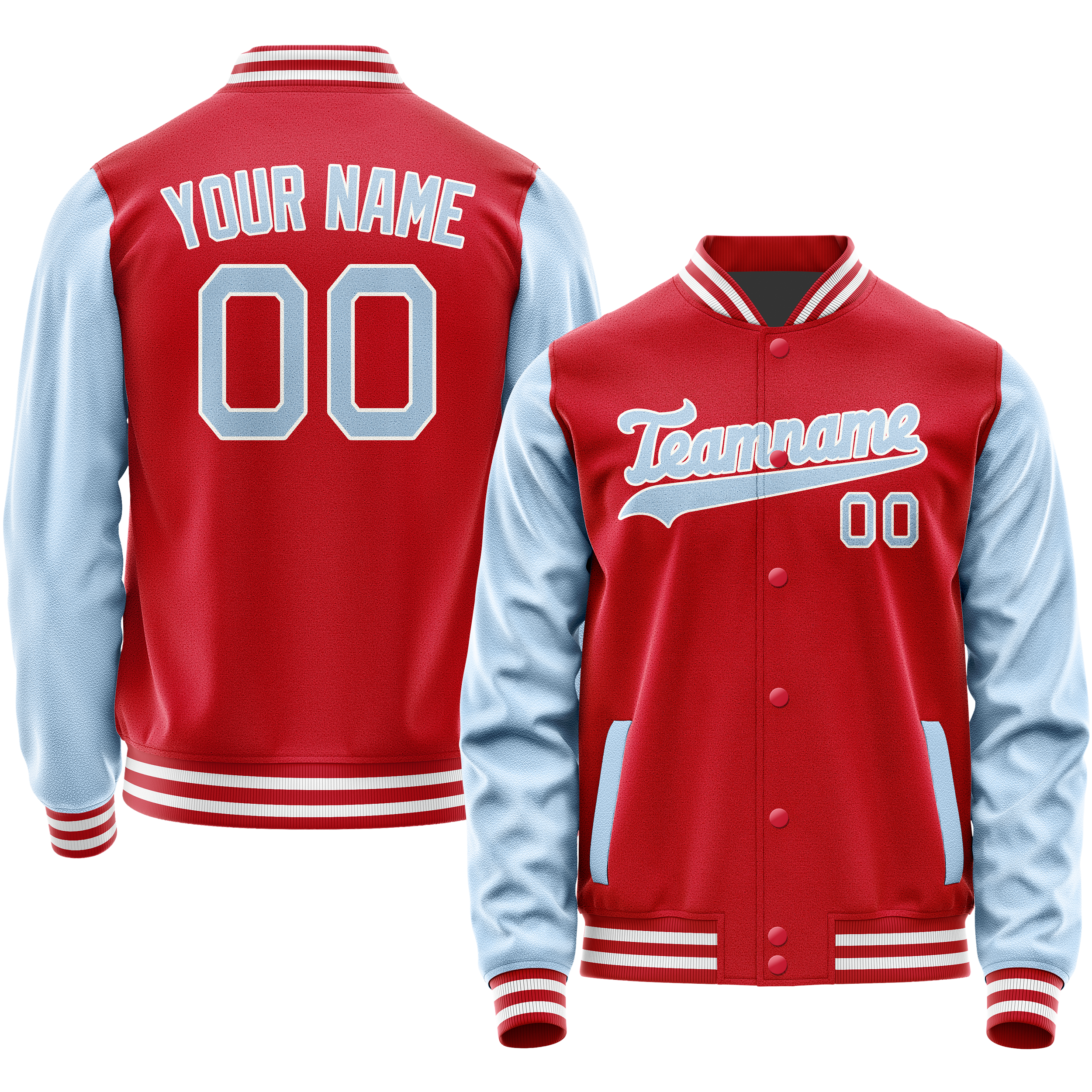Personalized Red & Light-Blue Solid Color Varsity Letterman Jacket