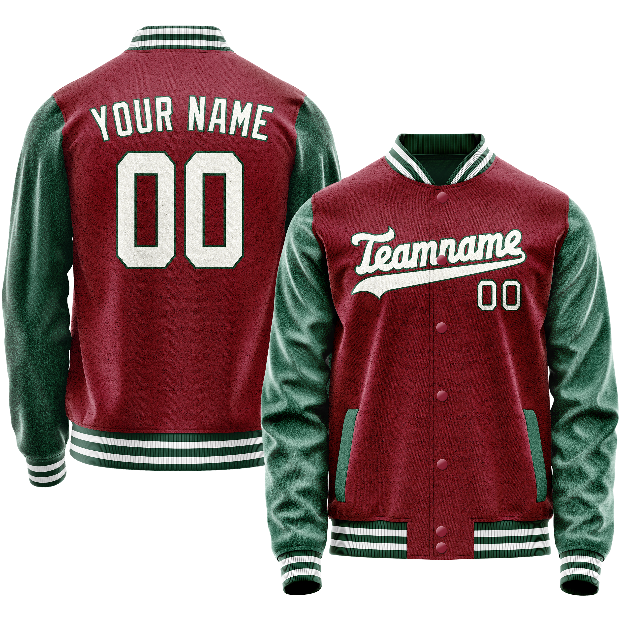 Personalized Crimson & Red Green Solid Color Varsity Letterman Jacket