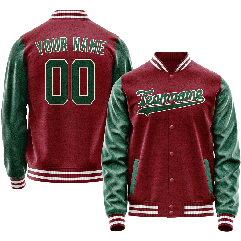 Personalized Crimson & Red Green Solid Color Varsity Letterman Jacket