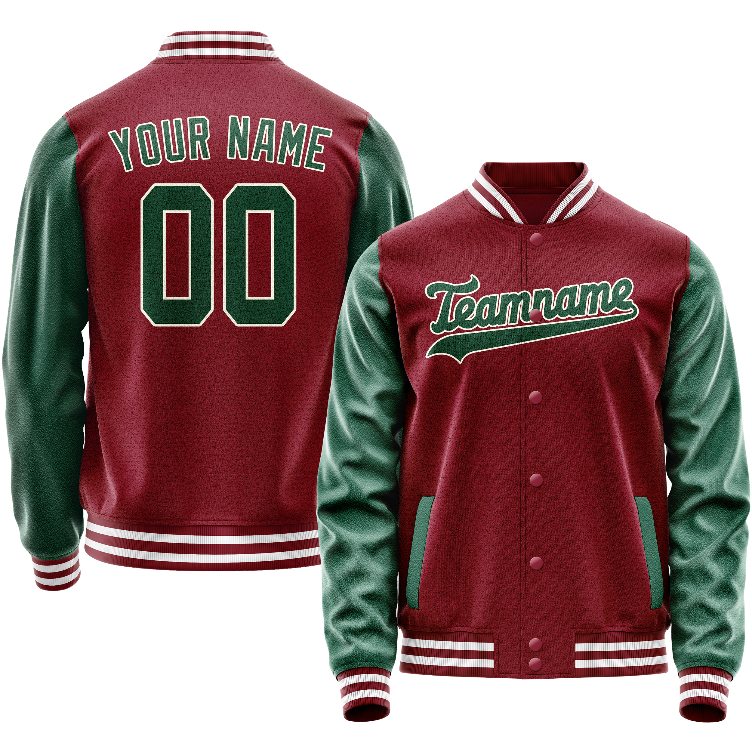 Personalized Crimson & Red Green Solid Color Varsity Letterman Jacket