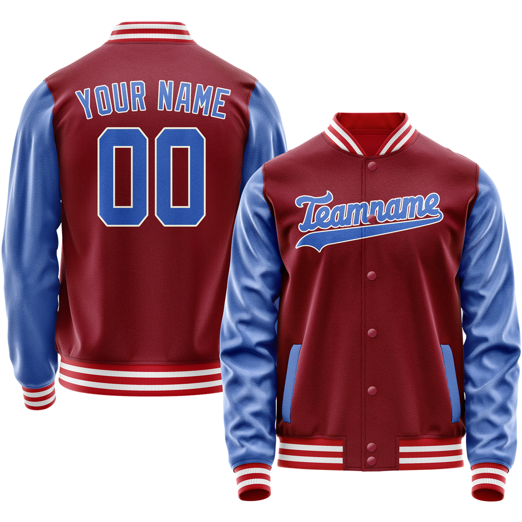 Personalized Crimson & Red Light-Blue Solid Color Varsity Letterman Jacket