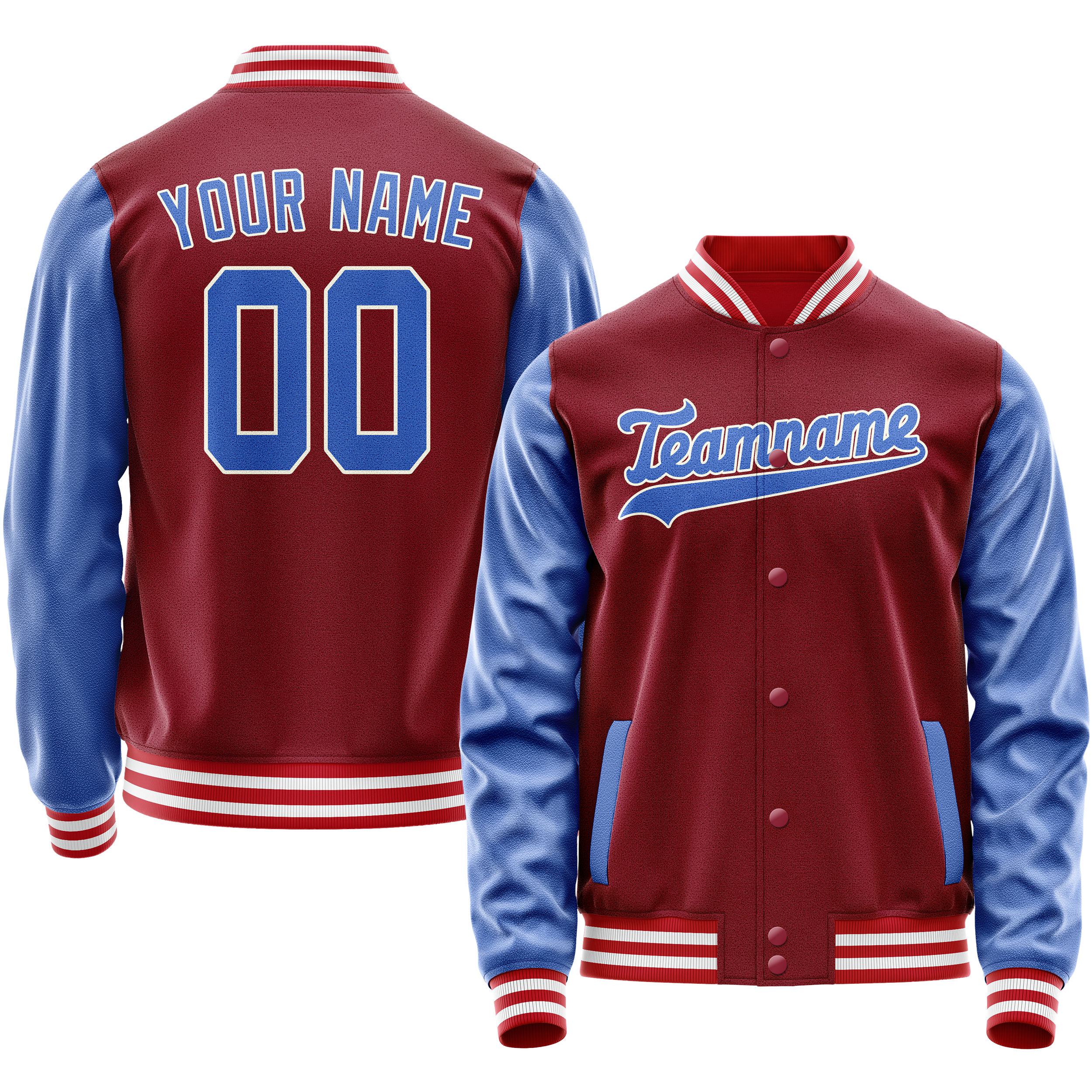 Personalized Crimson & Red Light-Blue Solid Color Varsity Letterman Jacket