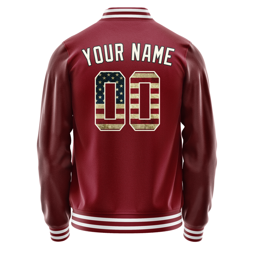 Personalized Crimson & Red Cream Vintage Usa Flag Varsity Letterman Jacket