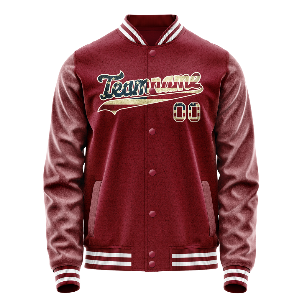 Personalized Crimson & Red Cream Vintage Usa Flag Varsity Letterman Jacket