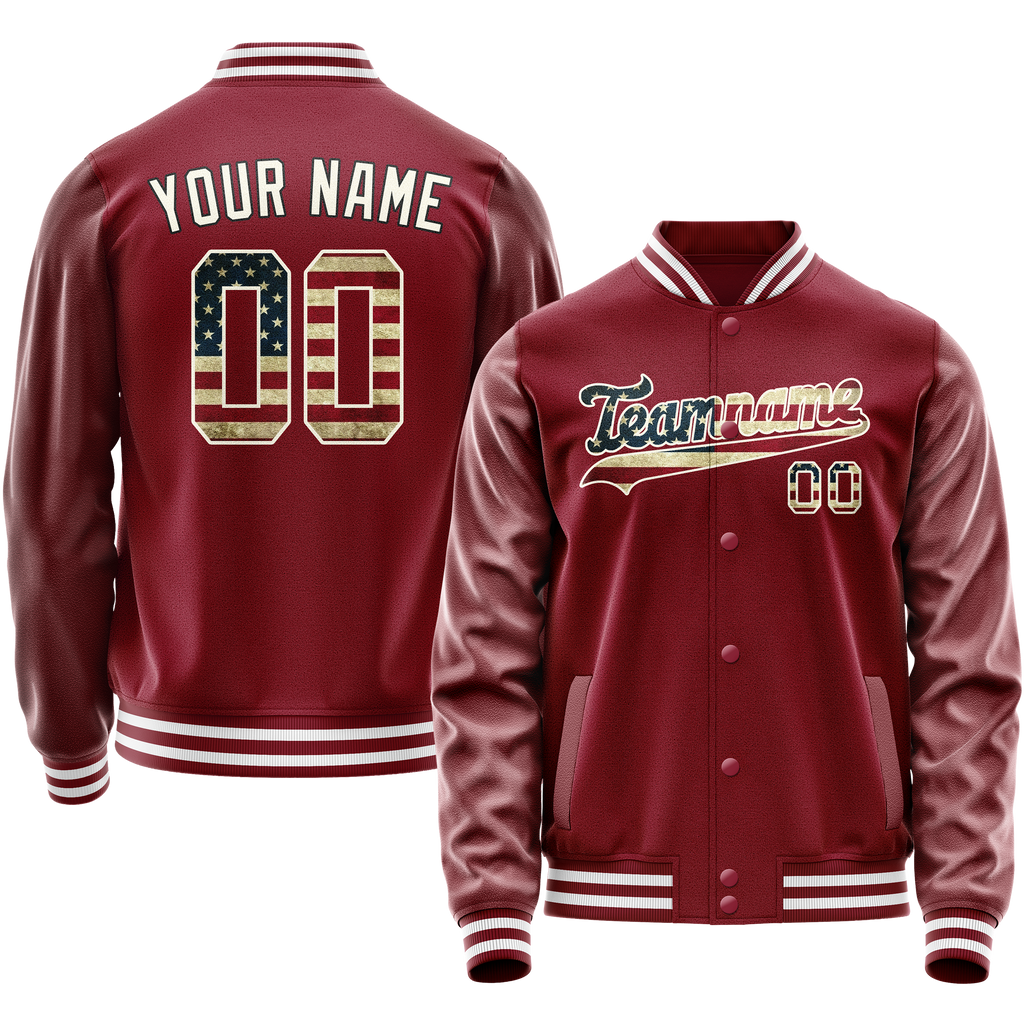 Personalized Crimson & Red Cream Vintage Usa Flag Varsity Letterman Jacket