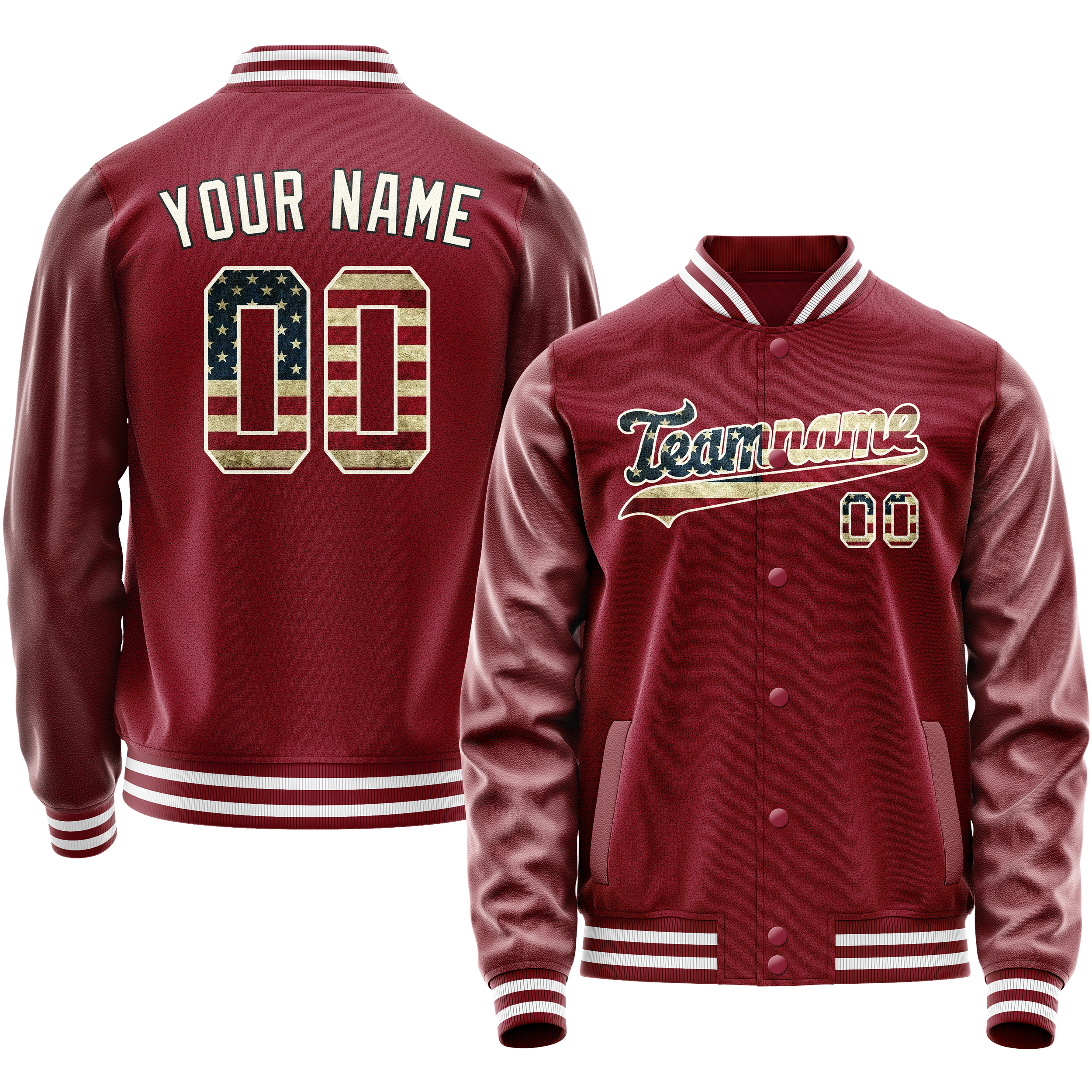 Personalized Crimson & Red Cream Vintage Usa Flag Varsity Letterman Jacket