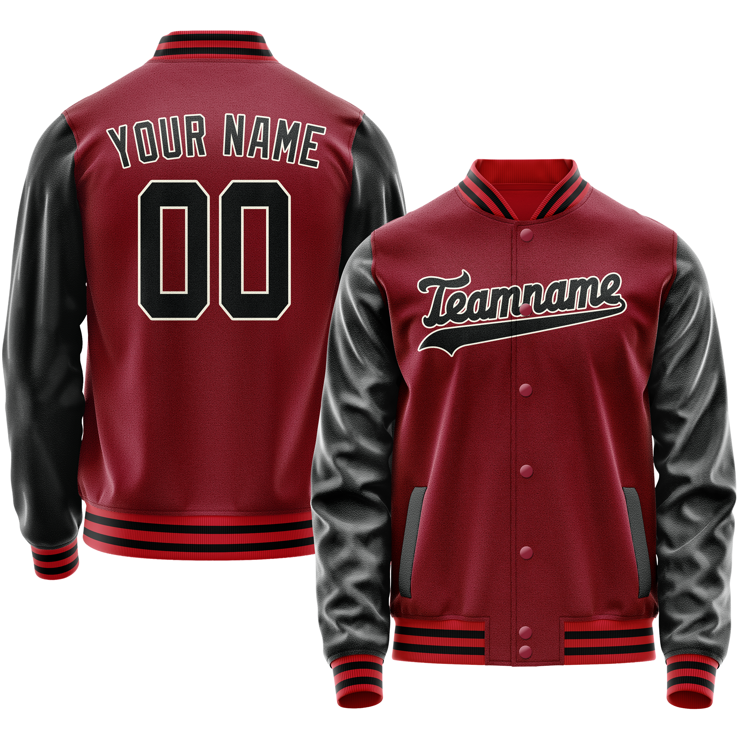 Personalized Crimson & Red Black Solid Color Varsity Letterman Jacket