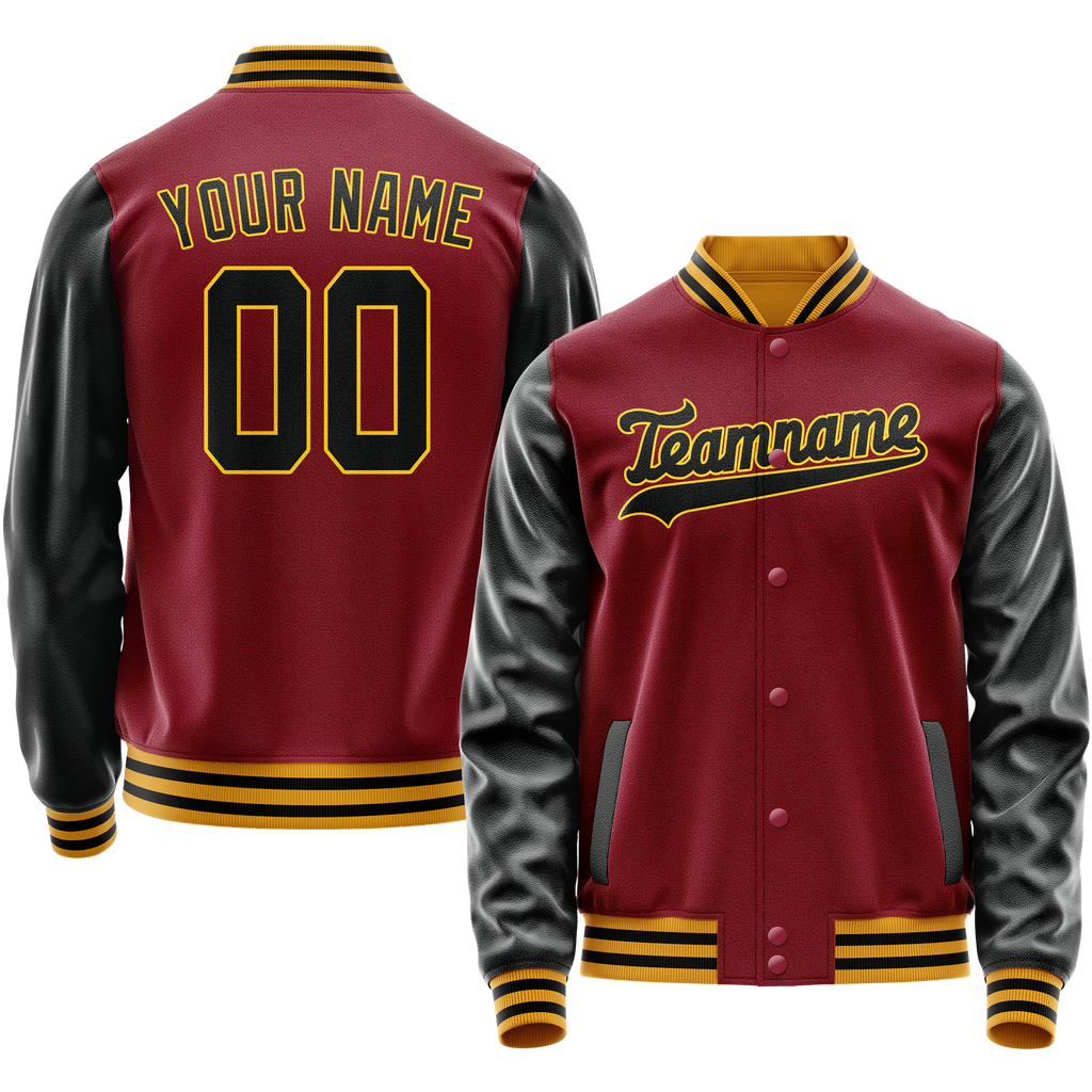 Personalized Crimson & Red Black Solid Color Varsity Letterman Jacket