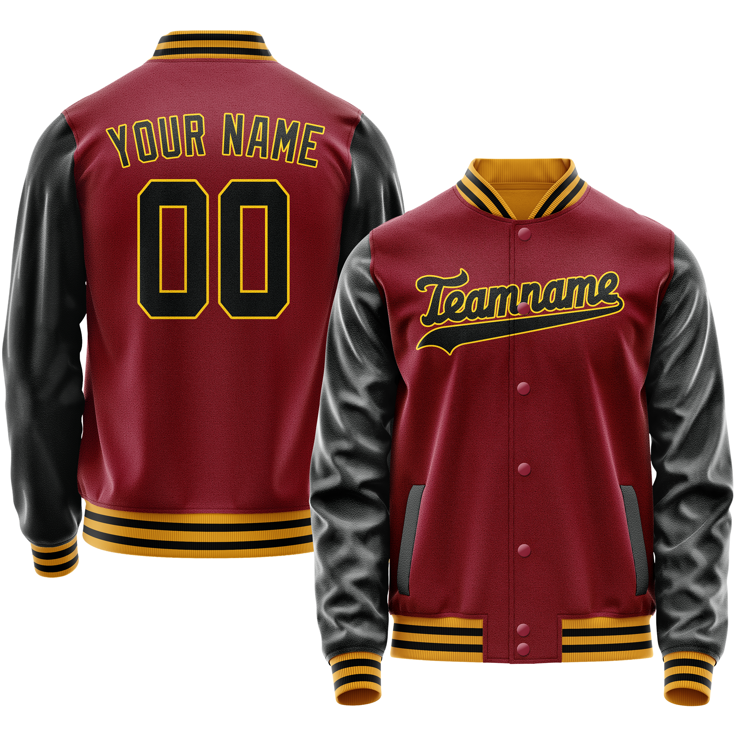 Personalized Crimson & Red Black Solid Color Varsity Letterman Jacket