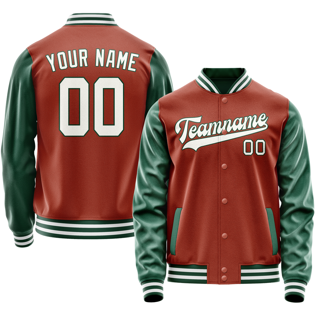 Personalized Coral & Red Green Solid Color Varsity Letterman Jacket