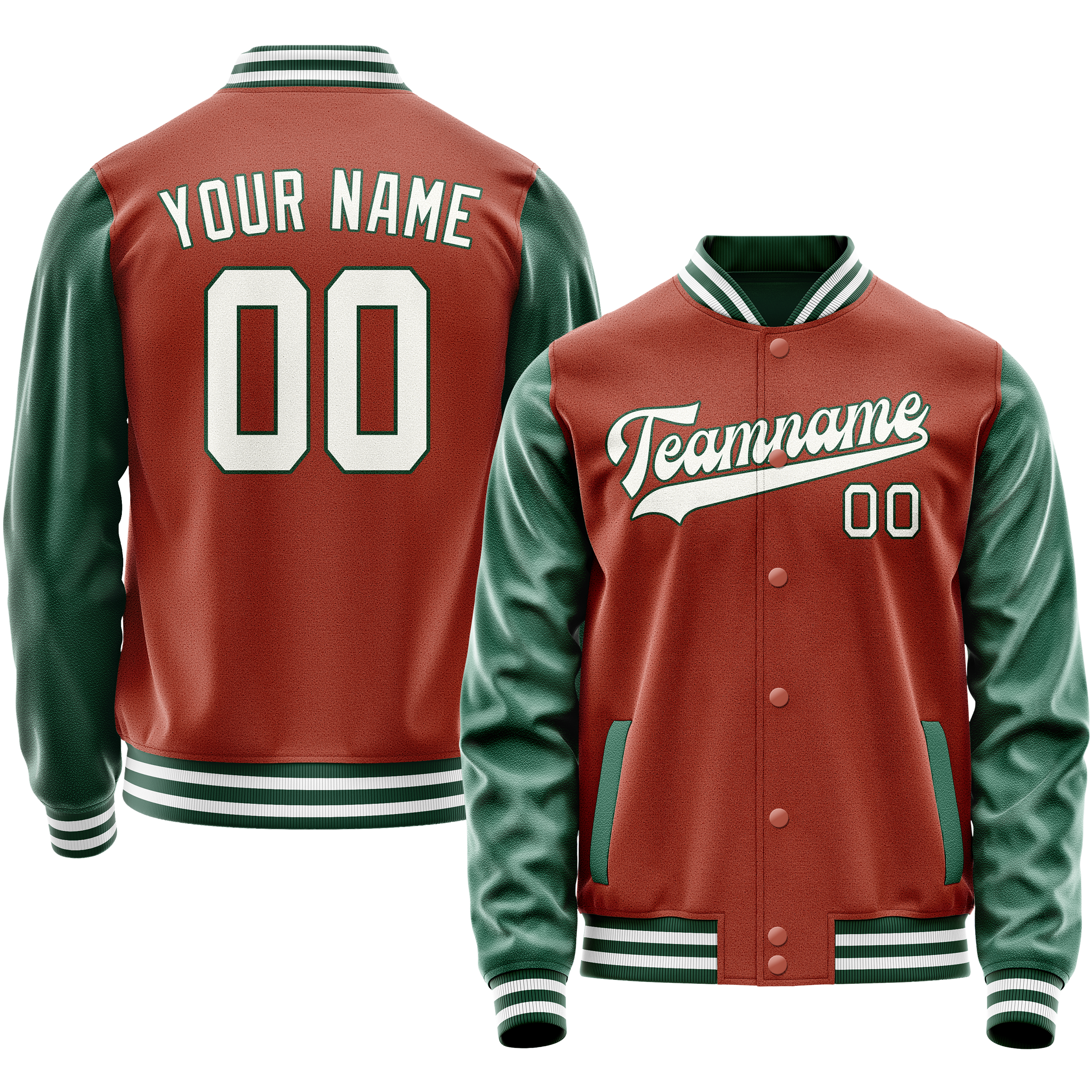 Personalized Coral & Red Green Solid Color Varsity Letterman Jacket