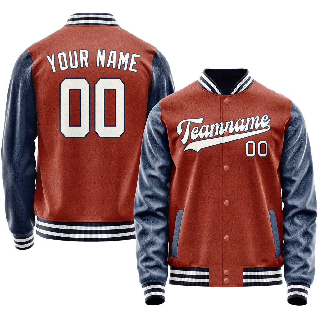 Personalized Coral & Red Blue Solid Color Varsity Letterman Jacket