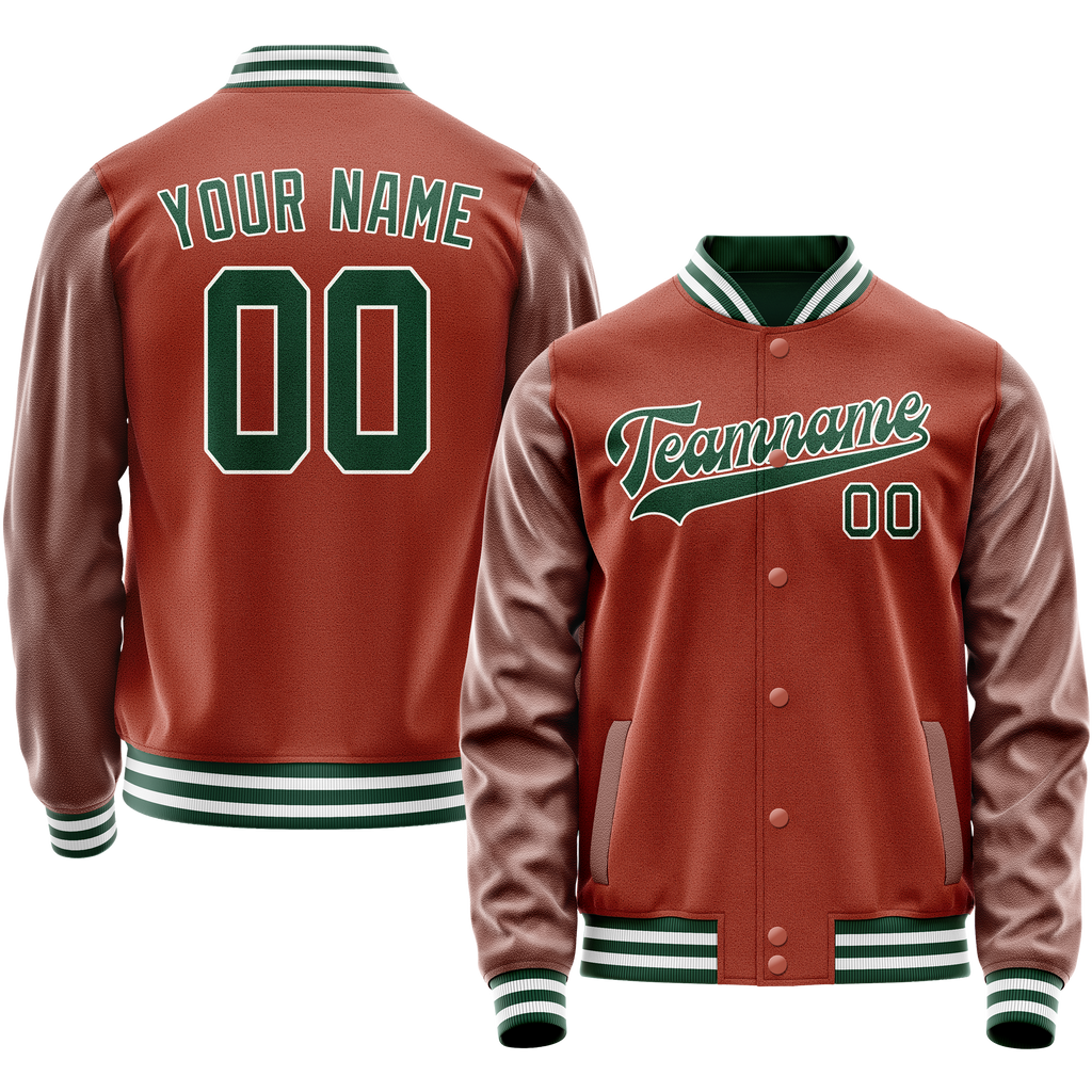Personalized Coral & Red Green Solid Color Varsity Letterman Jacket