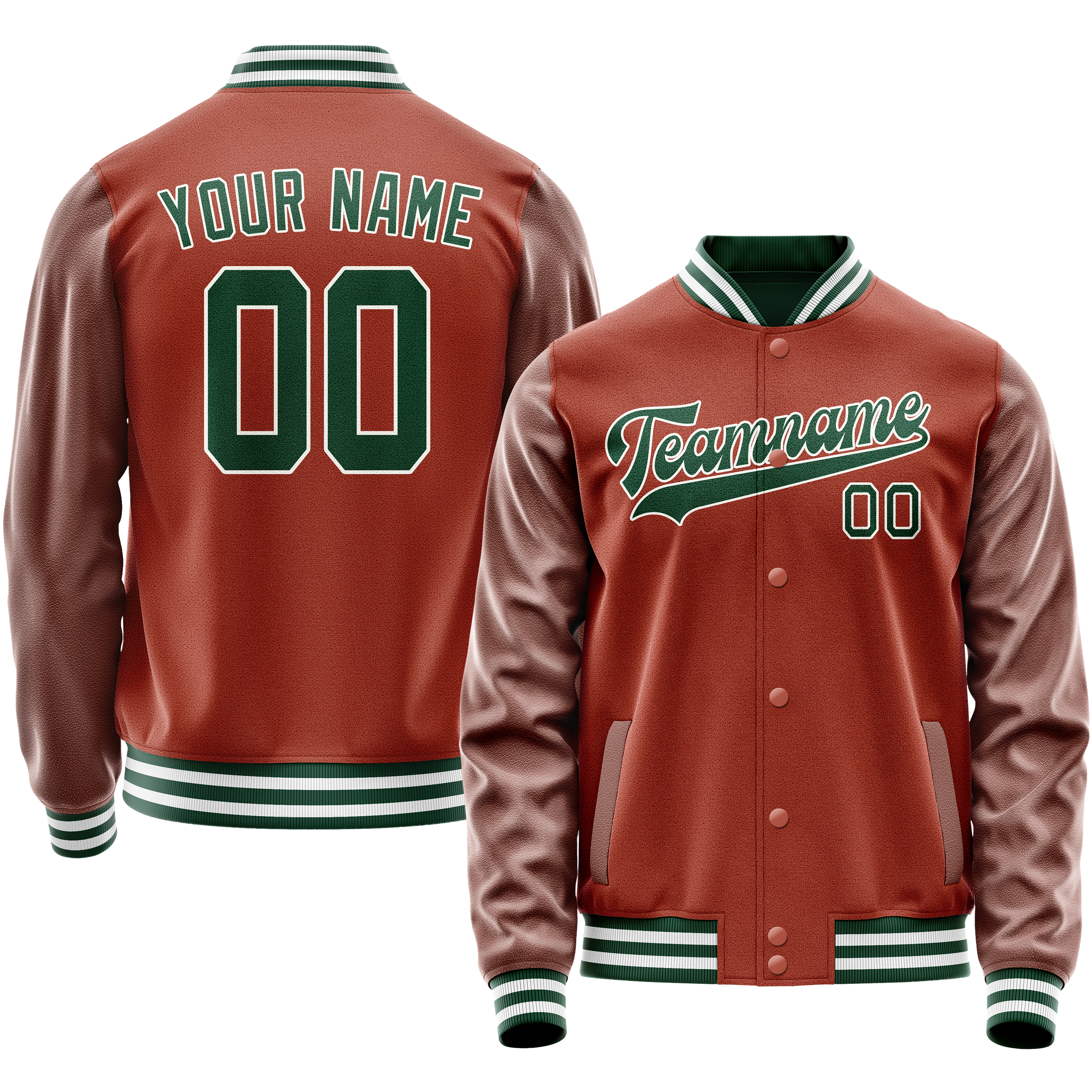 Personalized Coral & Red Green Solid Color Varsity Letterman Jacket